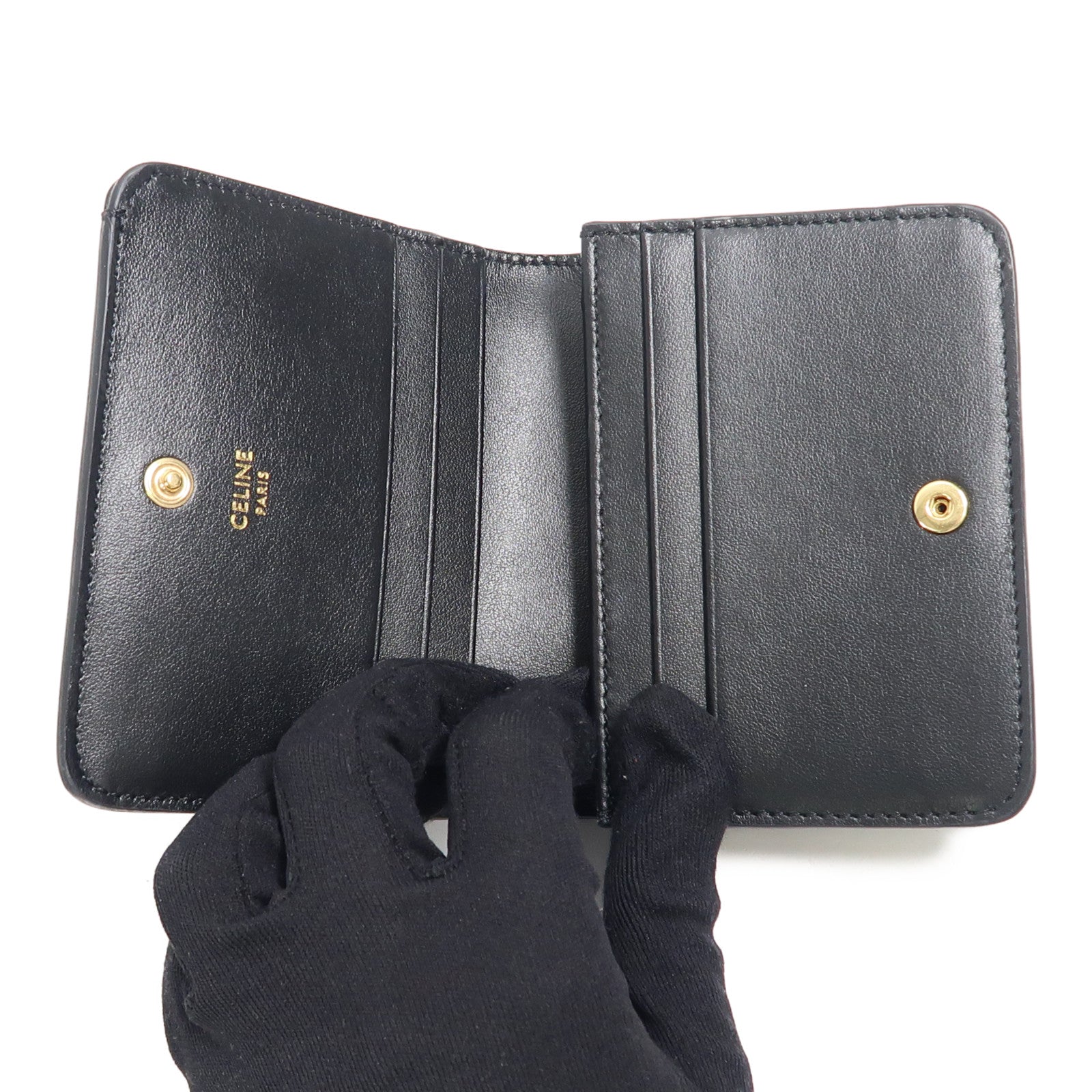 CELINE 牛皮皮革Triomphe Compact Wallet金扣錢包黑色