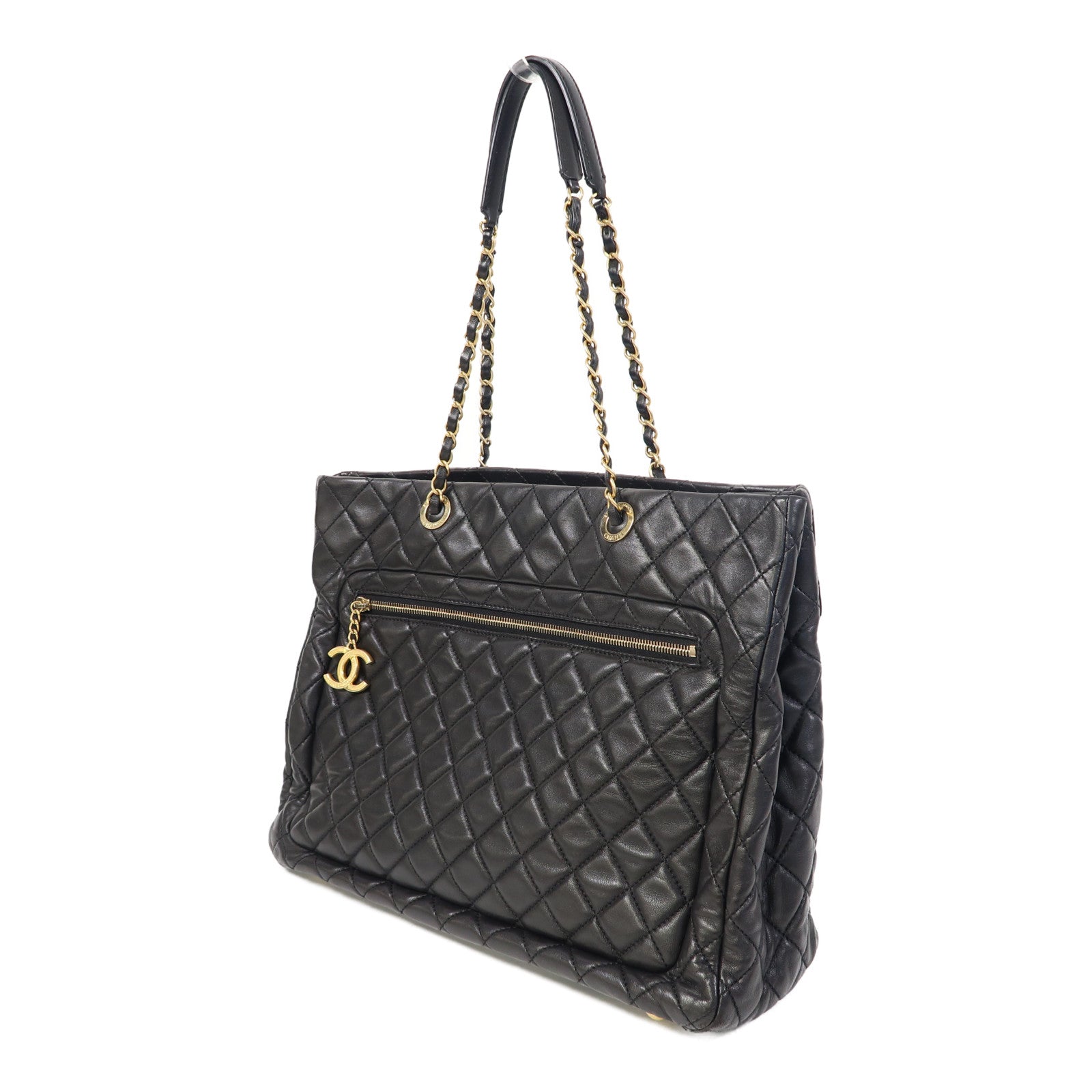 CHANEL 菱格羊皮皮革Chain Shoulder Tote金扣鏈帶肩背/手挽袋黑色