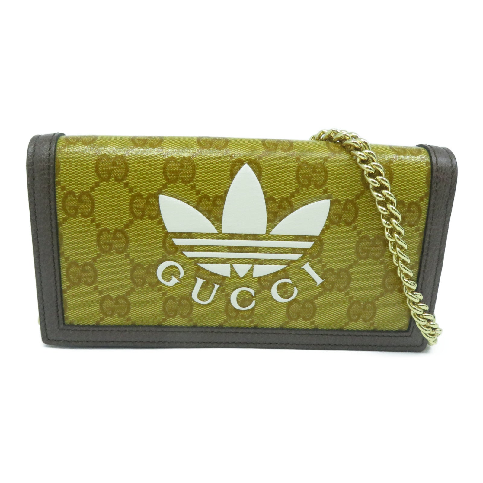 GUCCI 【清倉大減價】牛皮皮革/塗層帆布Wallet With Chain金扣鏈帶肩背袋芥末色/啡色