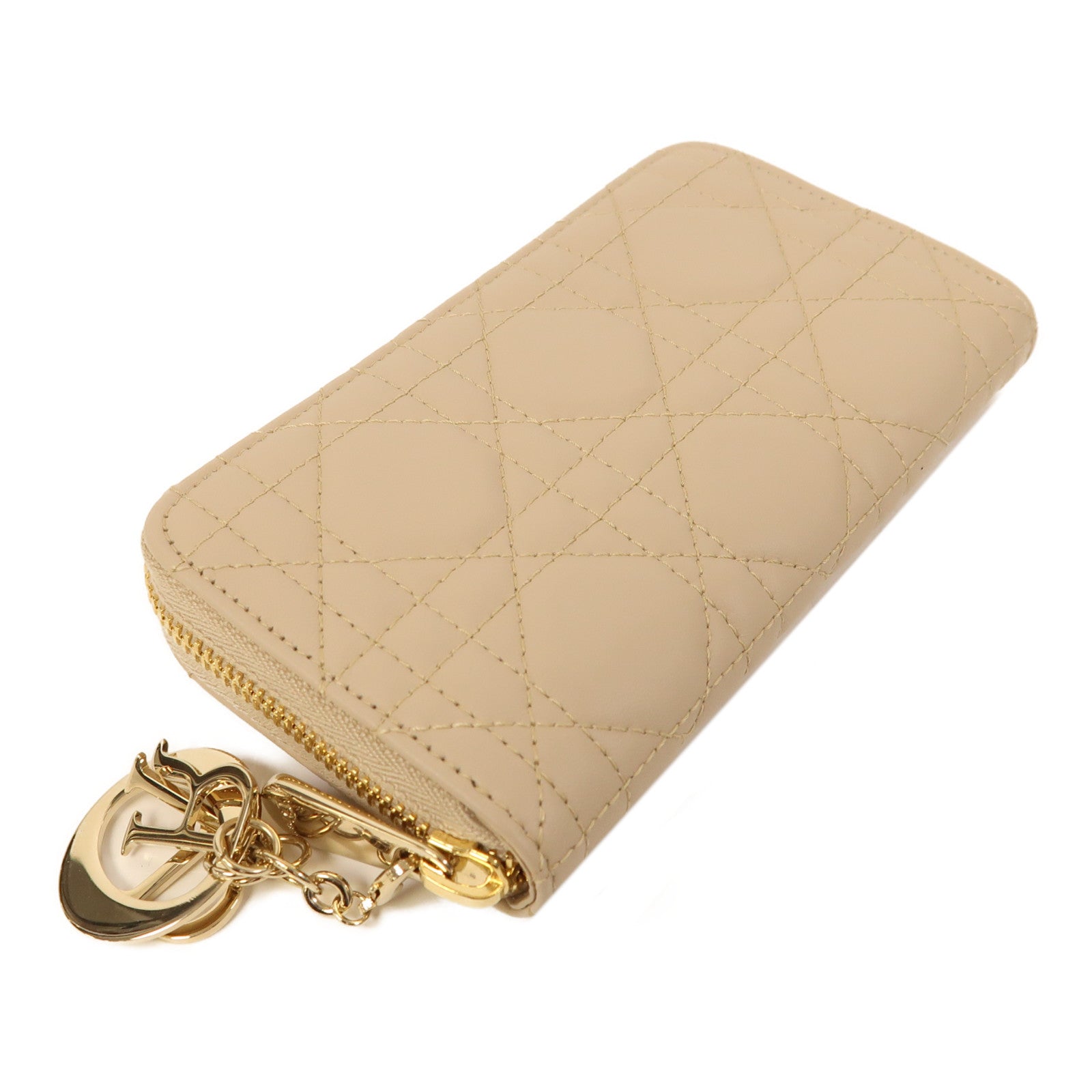 Dior 羊皮皮革Medium Lady Zipped Wallet金扣拉鏈長錢包米色