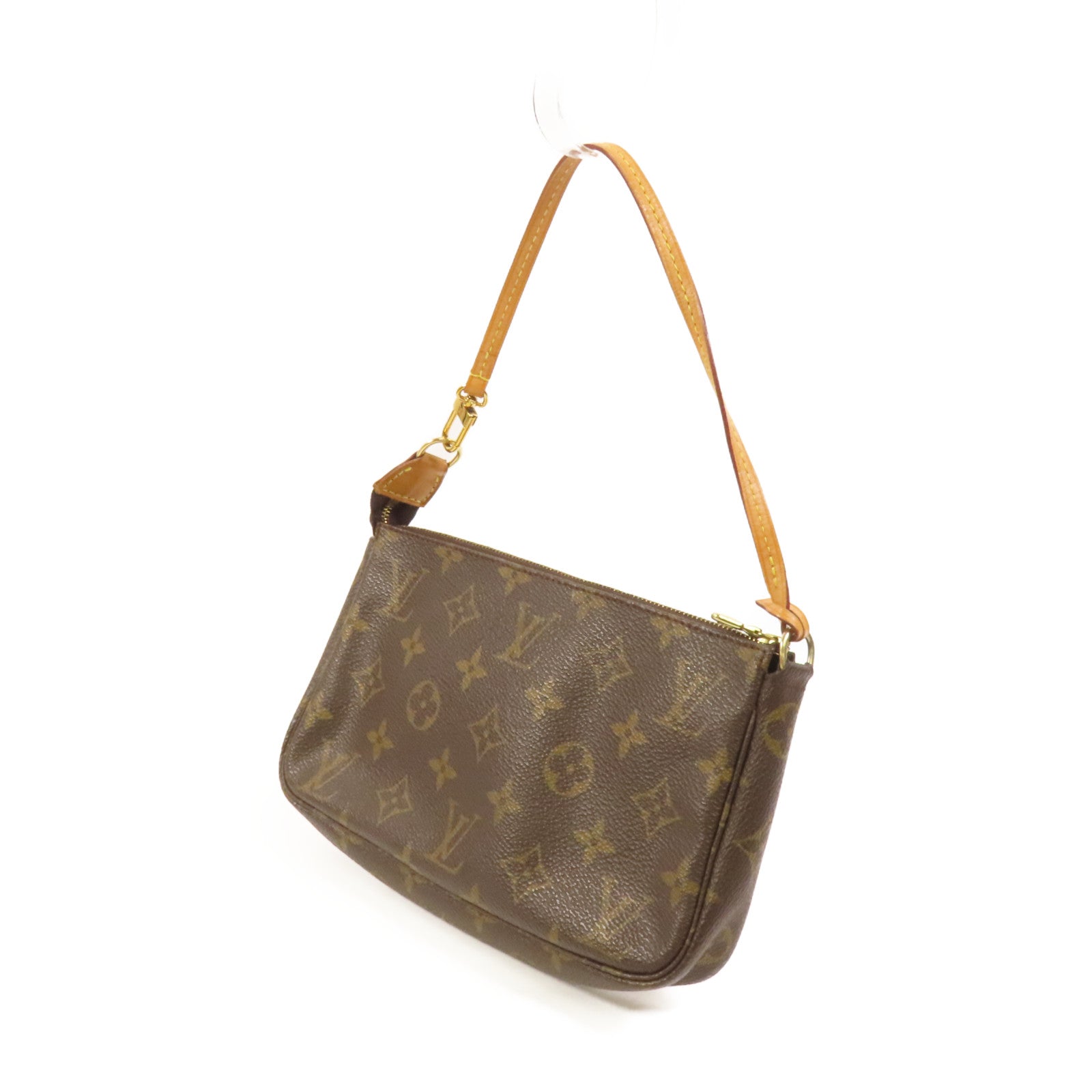 LOUIS VUITTON Monogram Pochette Accessoires金扣手挽袋棕色