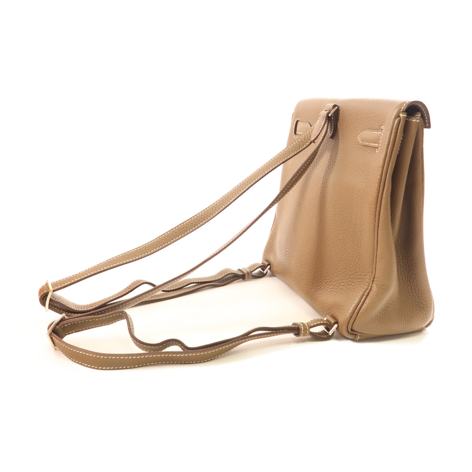 HERMES Clemence皮革Kelly Ado銀扣背包Etoupe