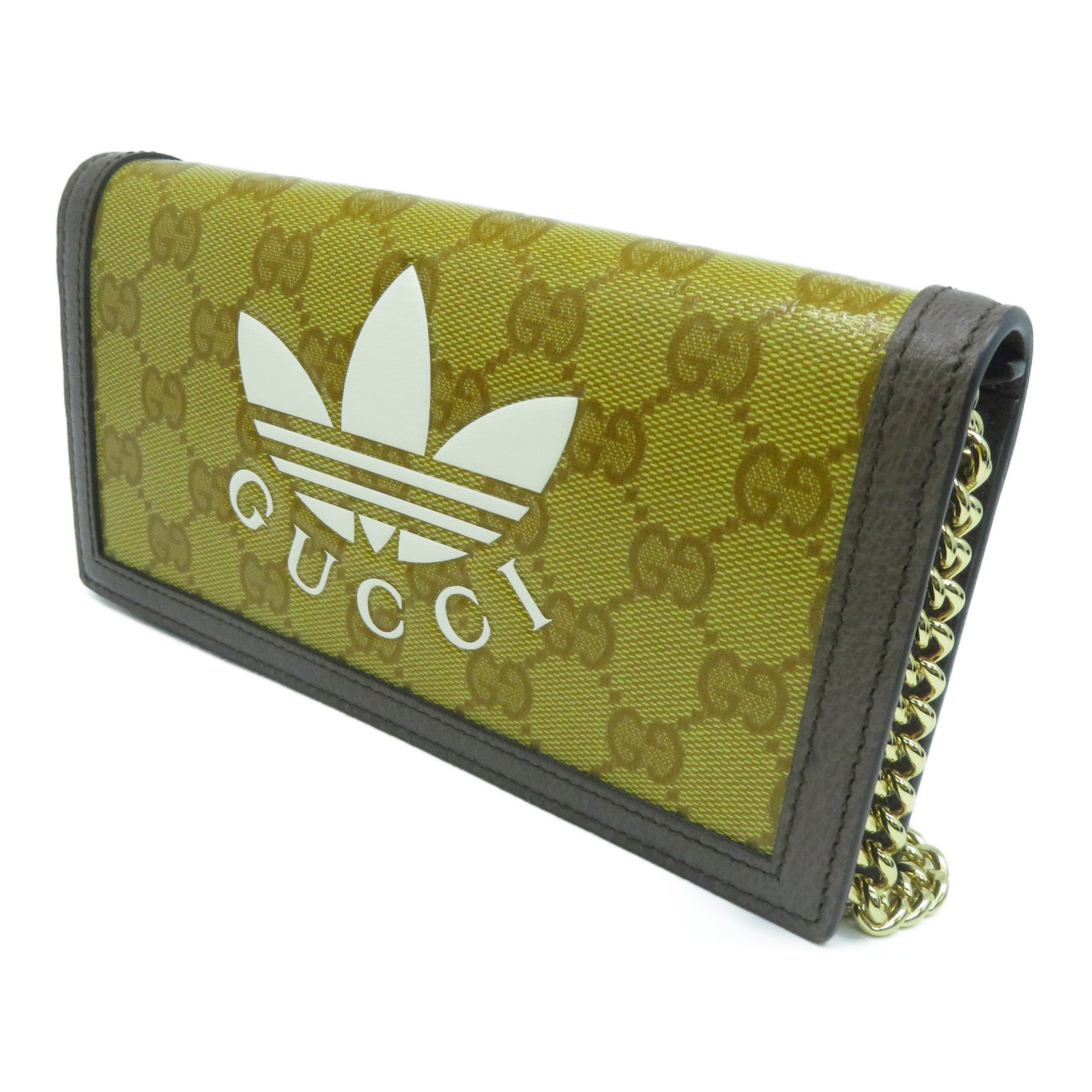 GUCCI 【清倉大減價】牛皮皮革/塗層帆布Wallet With Chain金扣鏈帶肩背袋芥末色/啡色