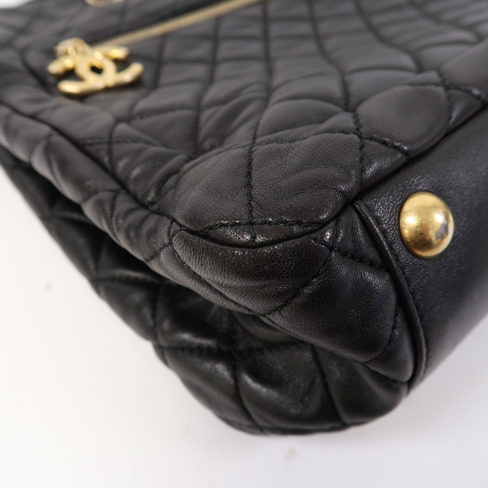 CHANEL 菱格羊皮皮革Chain Shoulder Tote金扣鏈帶肩背/手挽袋黑色