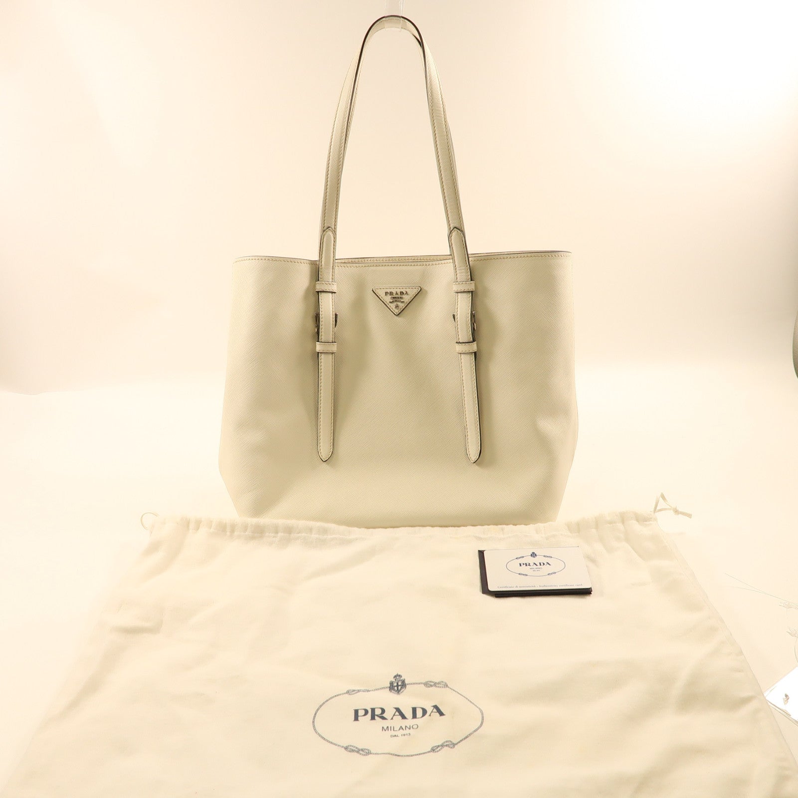 PRADA 牛皮皮革Tote Bag金扣手挽袋白色