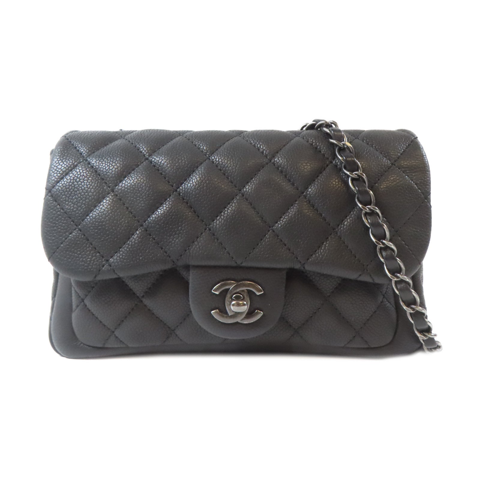 CHANEL 菱格Caviar皮革Chain Shoulder Bag黑扣鏈帶肩背袋黑色