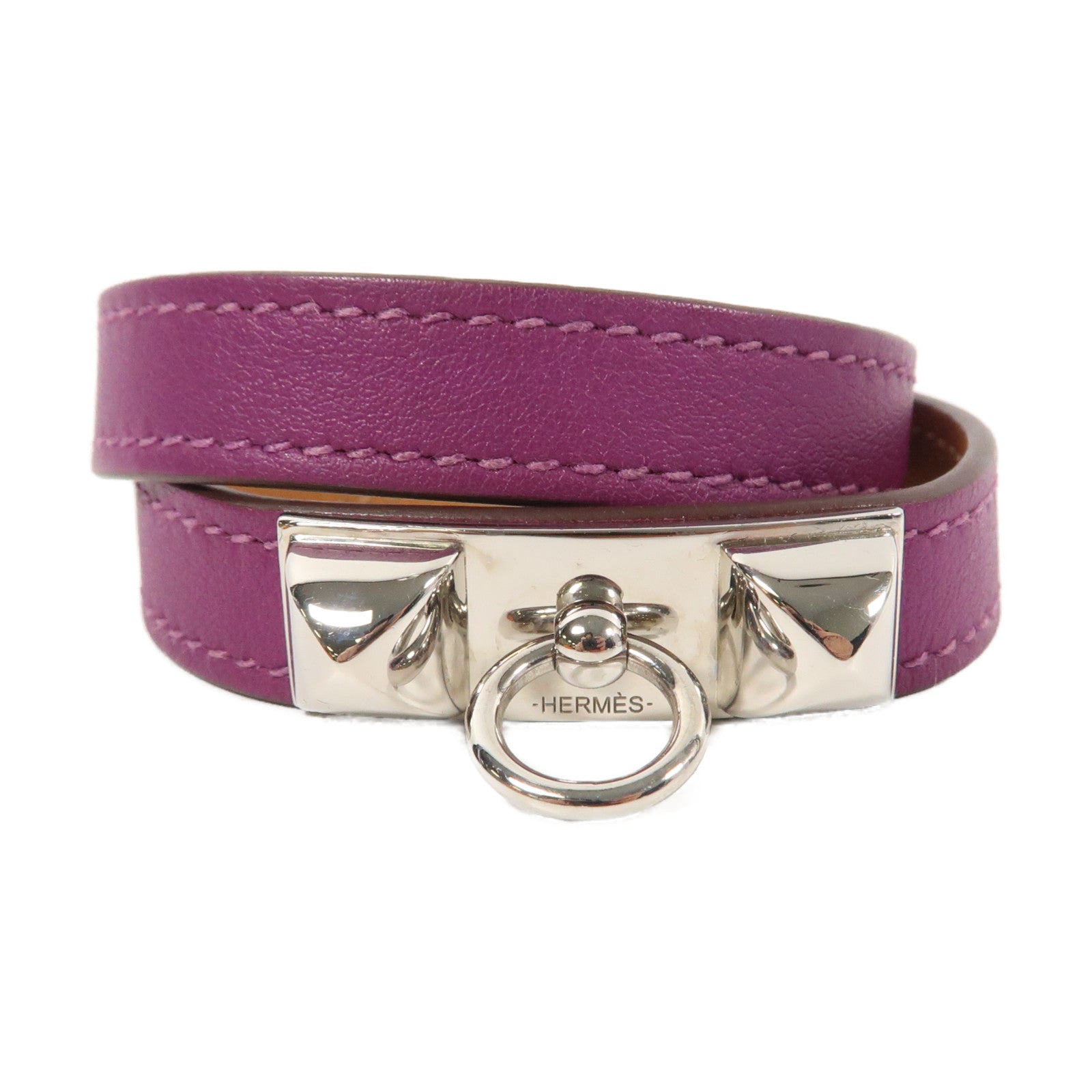 HERMES Swift皮革Rivale Double Tour Bracelet銀扣手鐲紫色
