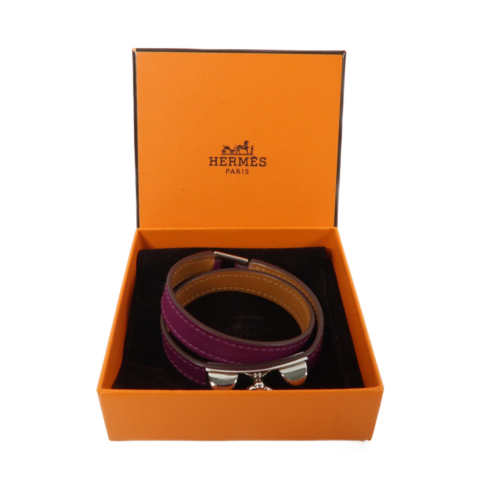 HERMES Swift皮革Rivale Double Tour Bracelet銀扣手鐲紫色