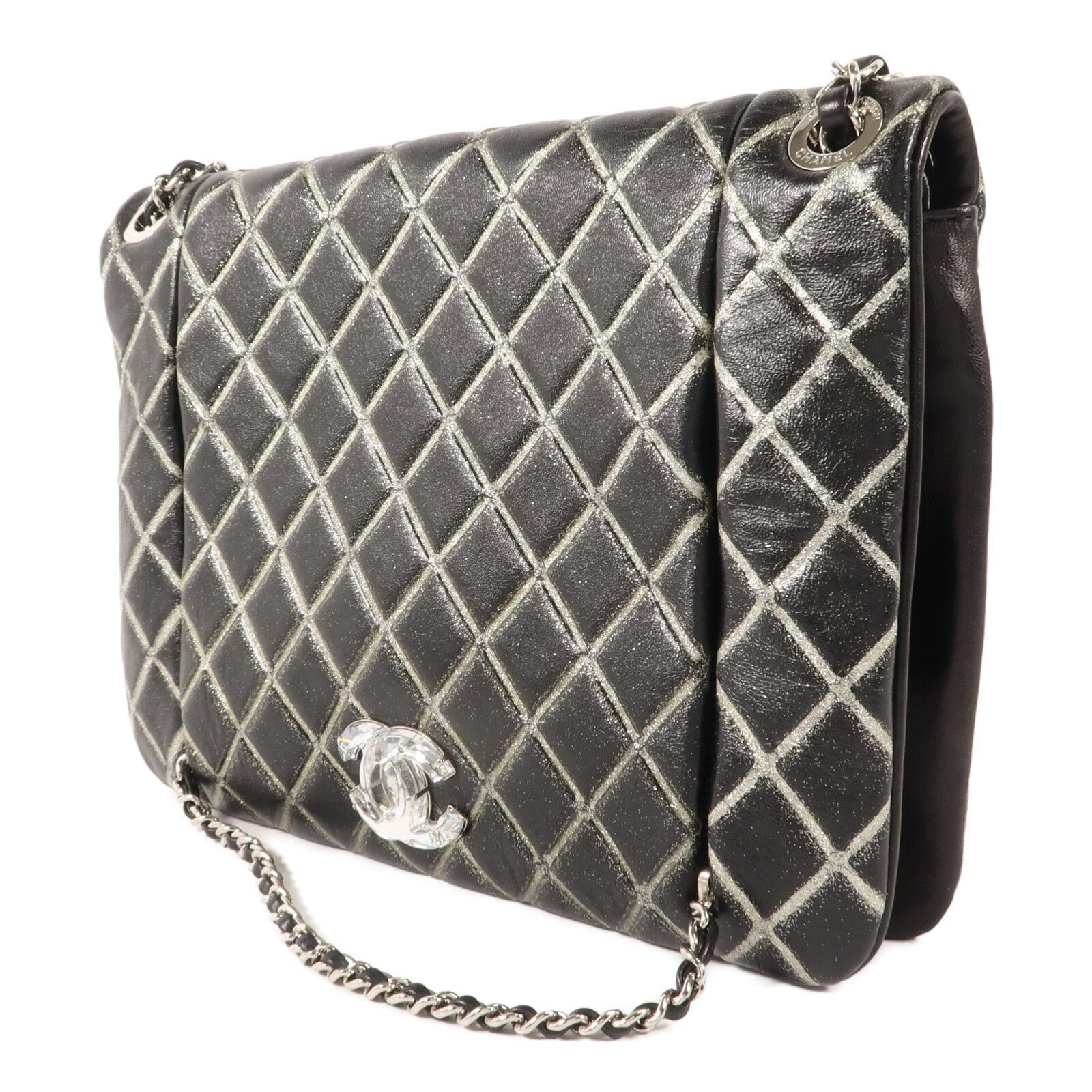 CHANEL 牛皮皮革Crystal CC Logo Flap鏈帶肩背袋