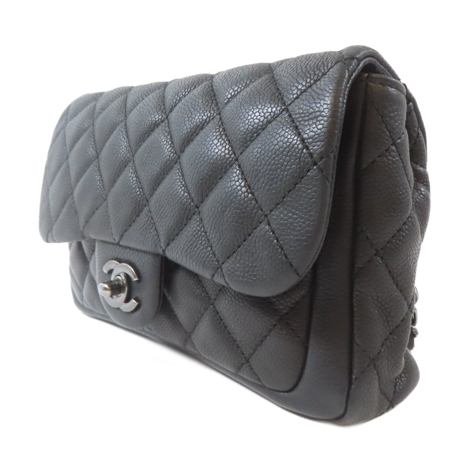 CHANEL 菱格Caviar皮革Chain Shoulder Bag黑扣鏈帶肩背袋黑色