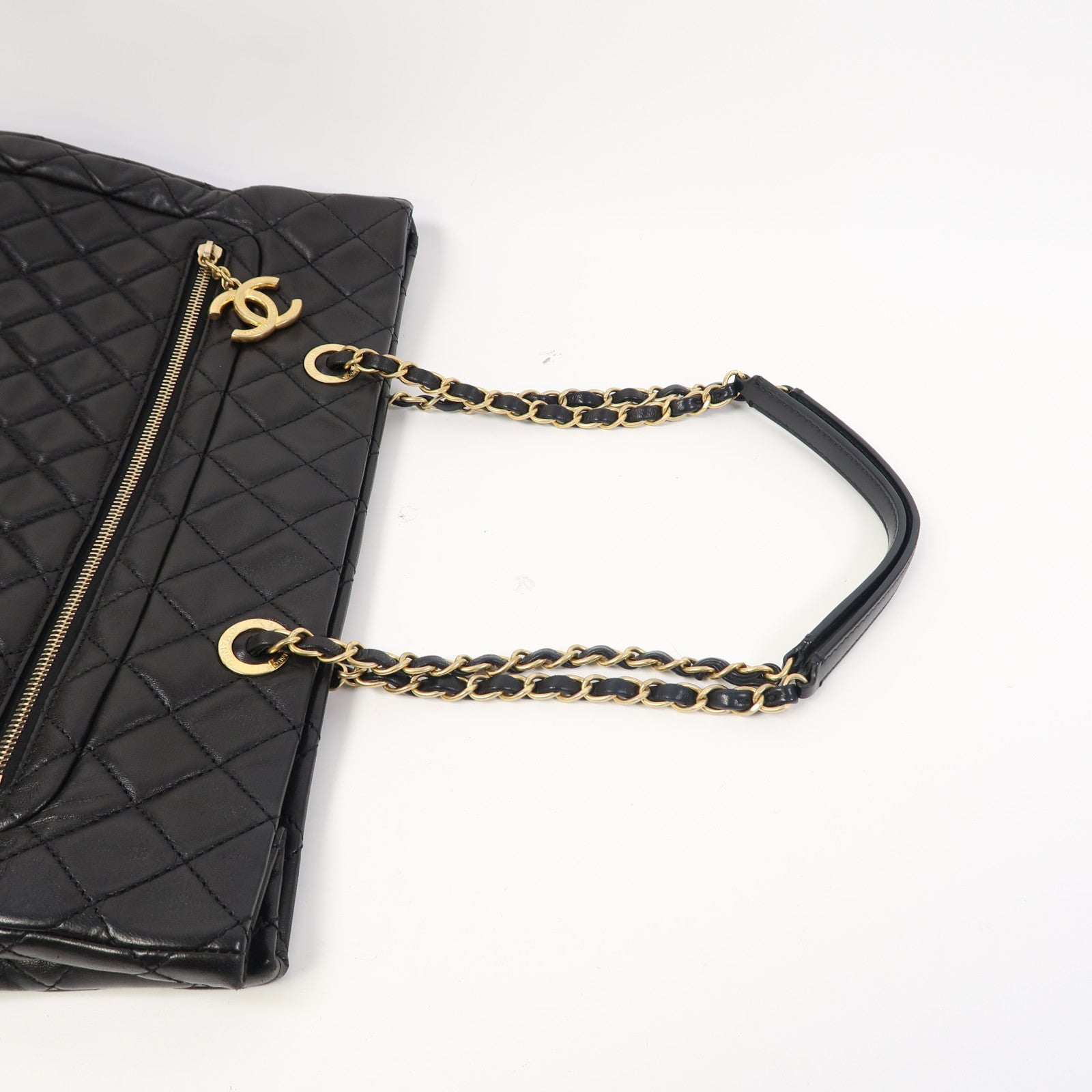 CHANEL 菱格羊皮皮革Chain Shoulder Tote金扣鏈帶肩背/手挽袋黑色
