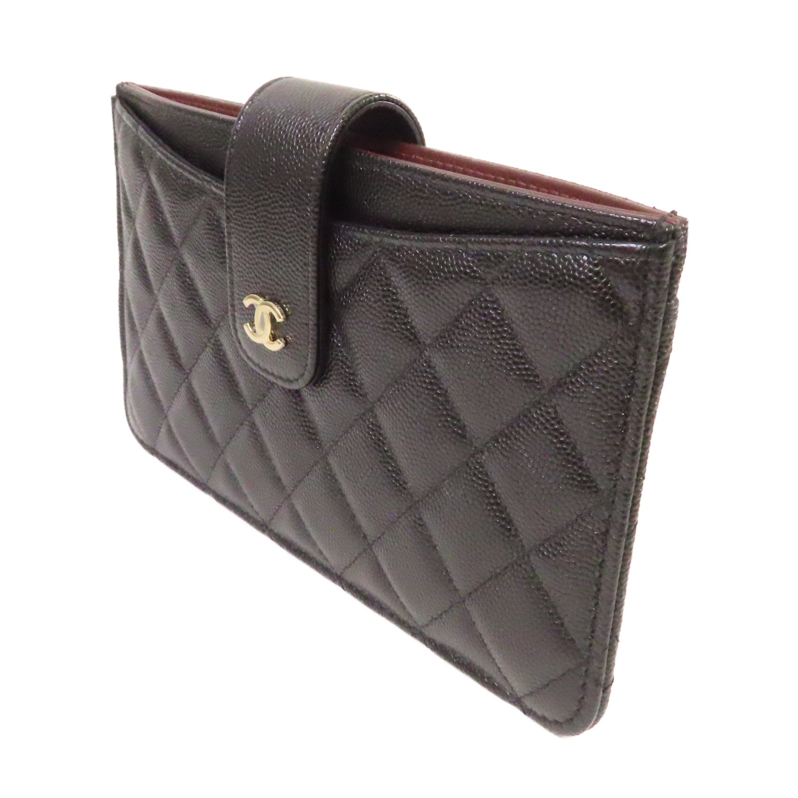 CHANEL 菱格Caviar皮革Pouch Wallet銀扣手拿錢包黑色