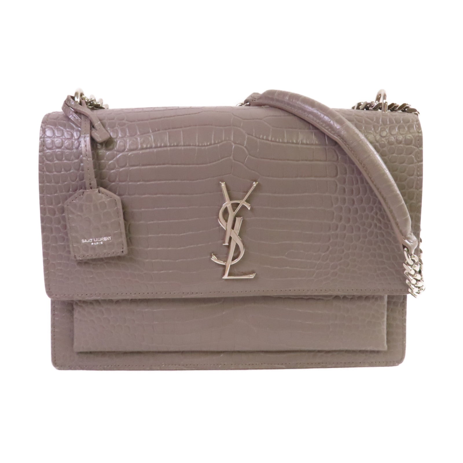 SAINT LAURENT 牛皮皮革Sunset Large Chain Shoulder Bag銀扣鏈帶肩背袋灰色