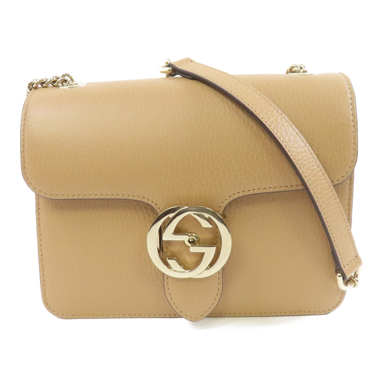 GUCCI 牛皮皮革Chain Shoulder金扣鏈帶肩背袋米色