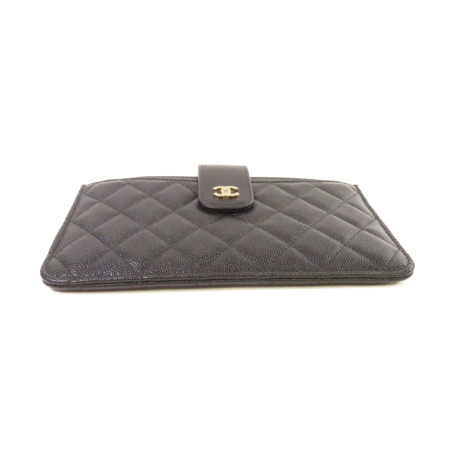 CHANEL 菱格Caviar皮革Pouch Wallet銀扣手拿錢包黑色