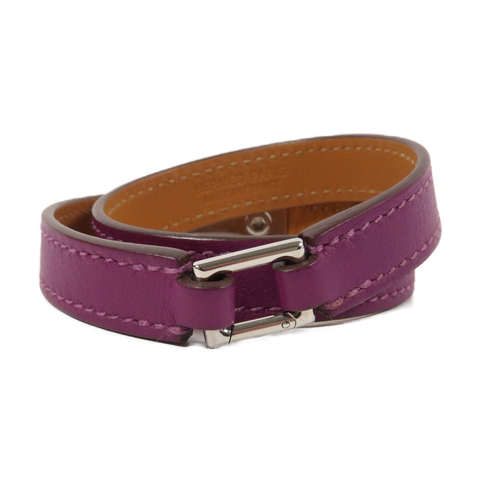 HERMES Swift皮革Rivale Double Tour Bracelet銀扣手鐲紫色