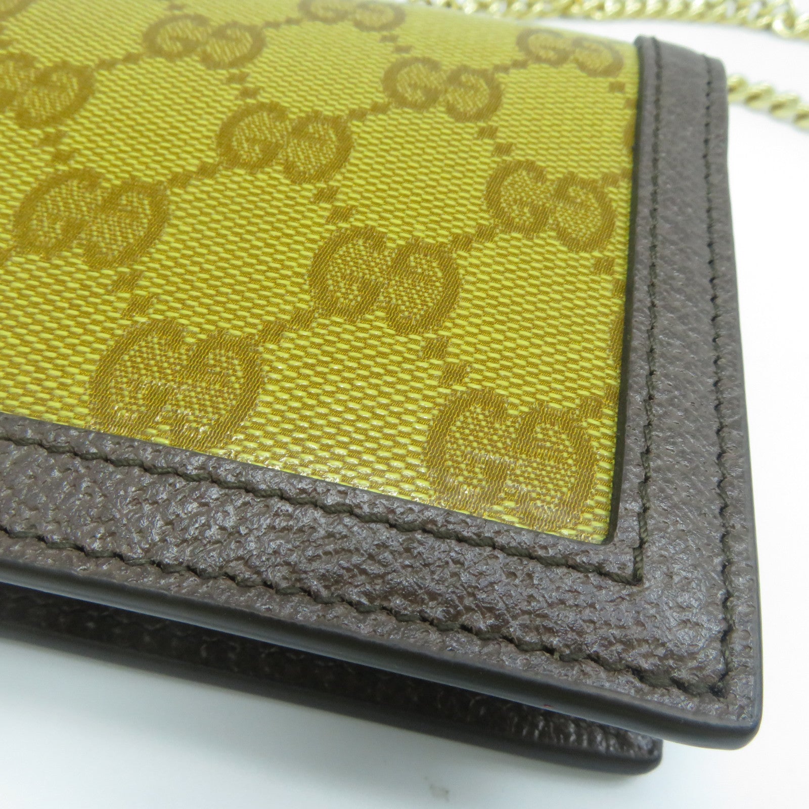 GUCCI 【清倉大減價】牛皮皮革/塗層帆布Wallet With Chain金扣鏈帶肩背袋芥末色/啡色