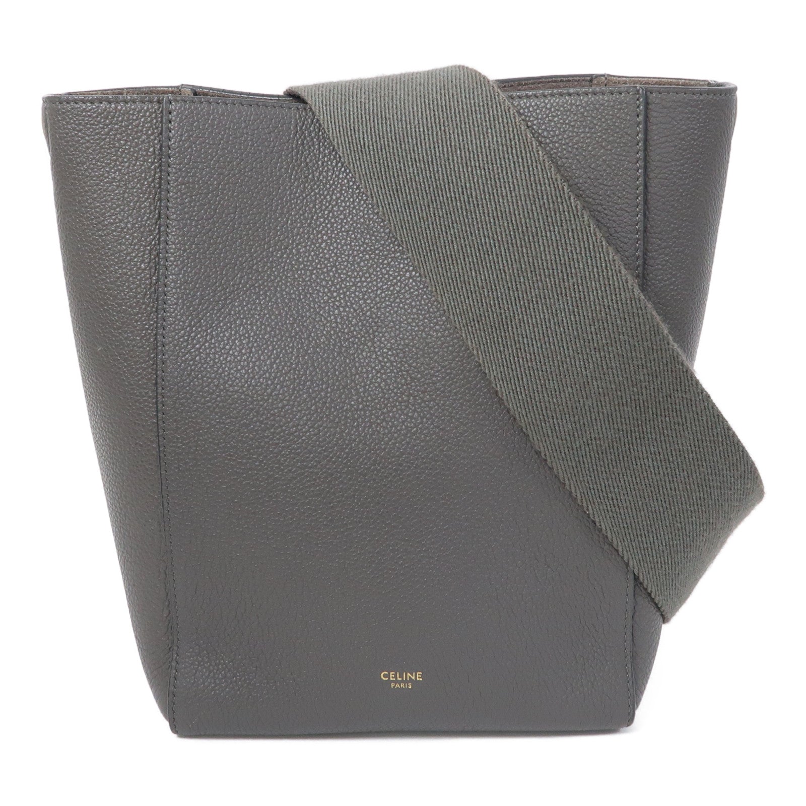 CELINE 牛皮皮革Sangle Bucket金扣肩背袋灰色