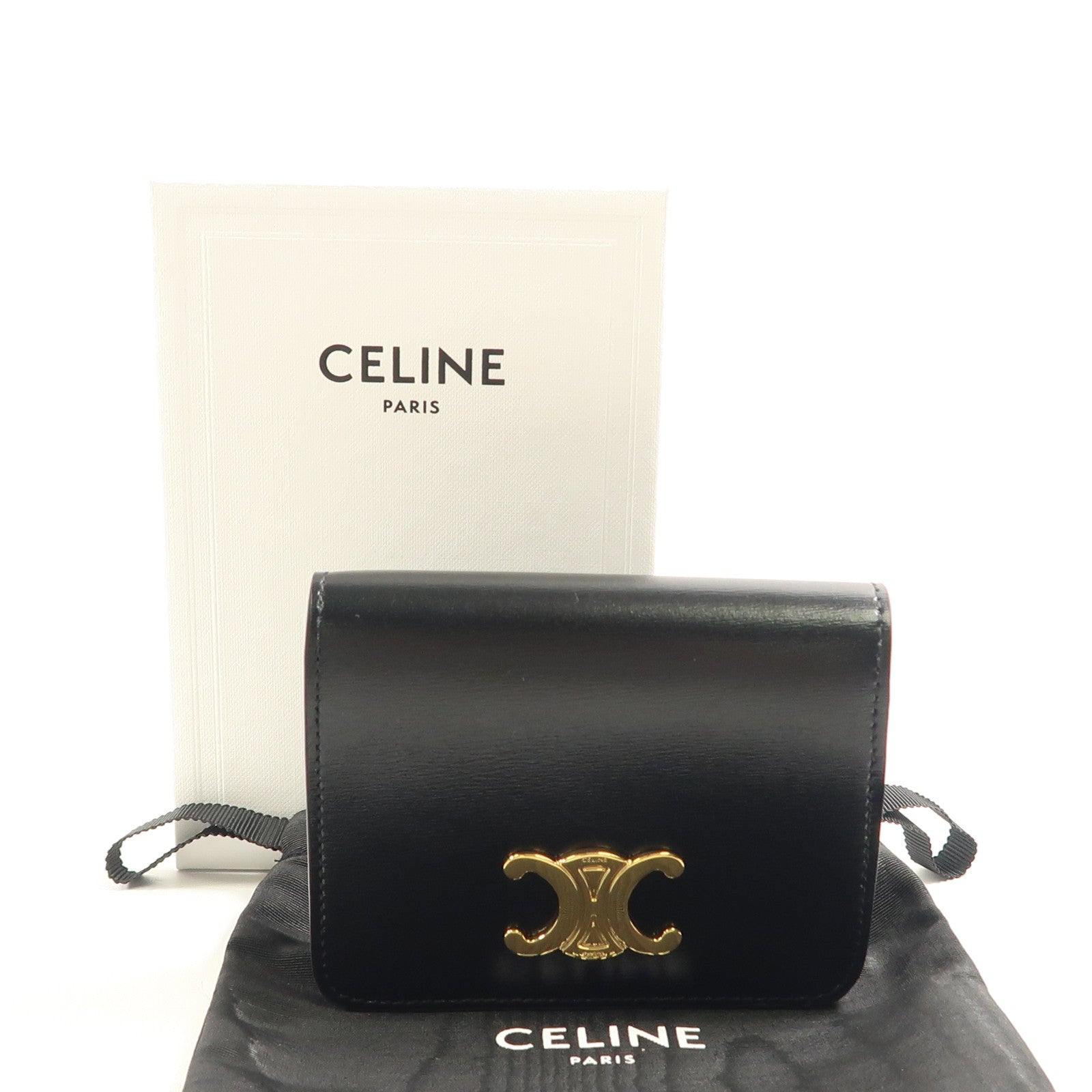 CELINE 牛皮皮革Triomphe Compact Wallet金扣錢包黑色