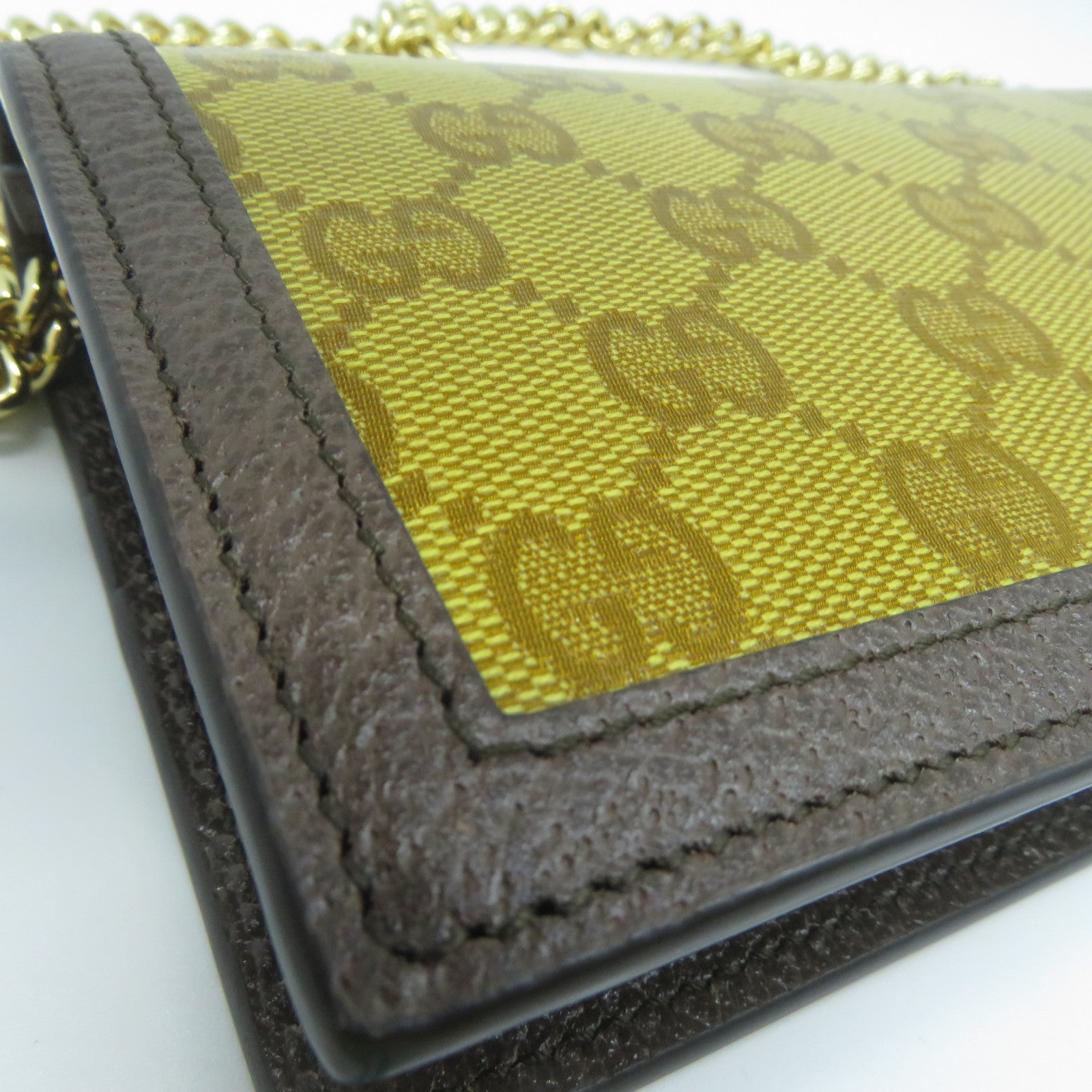 GUCCI 【清倉大減價】牛皮皮革/塗層帆布Wallet With Chain金扣鏈帶肩背袋芥末色/啡色