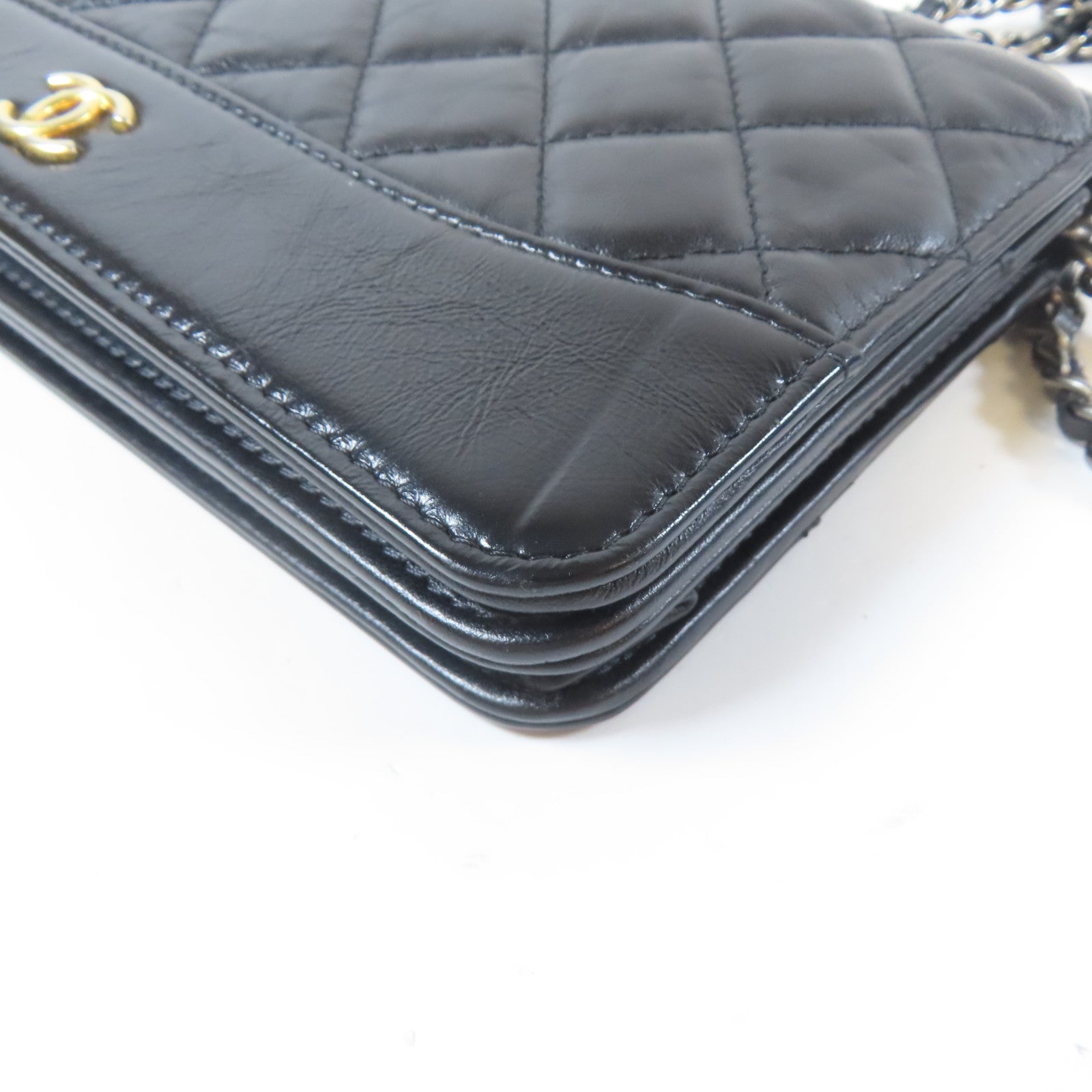 CHANEL 菱格牛皮皮革Gabrille Wallet On Chain金扣鏈帶肩背袋黑色