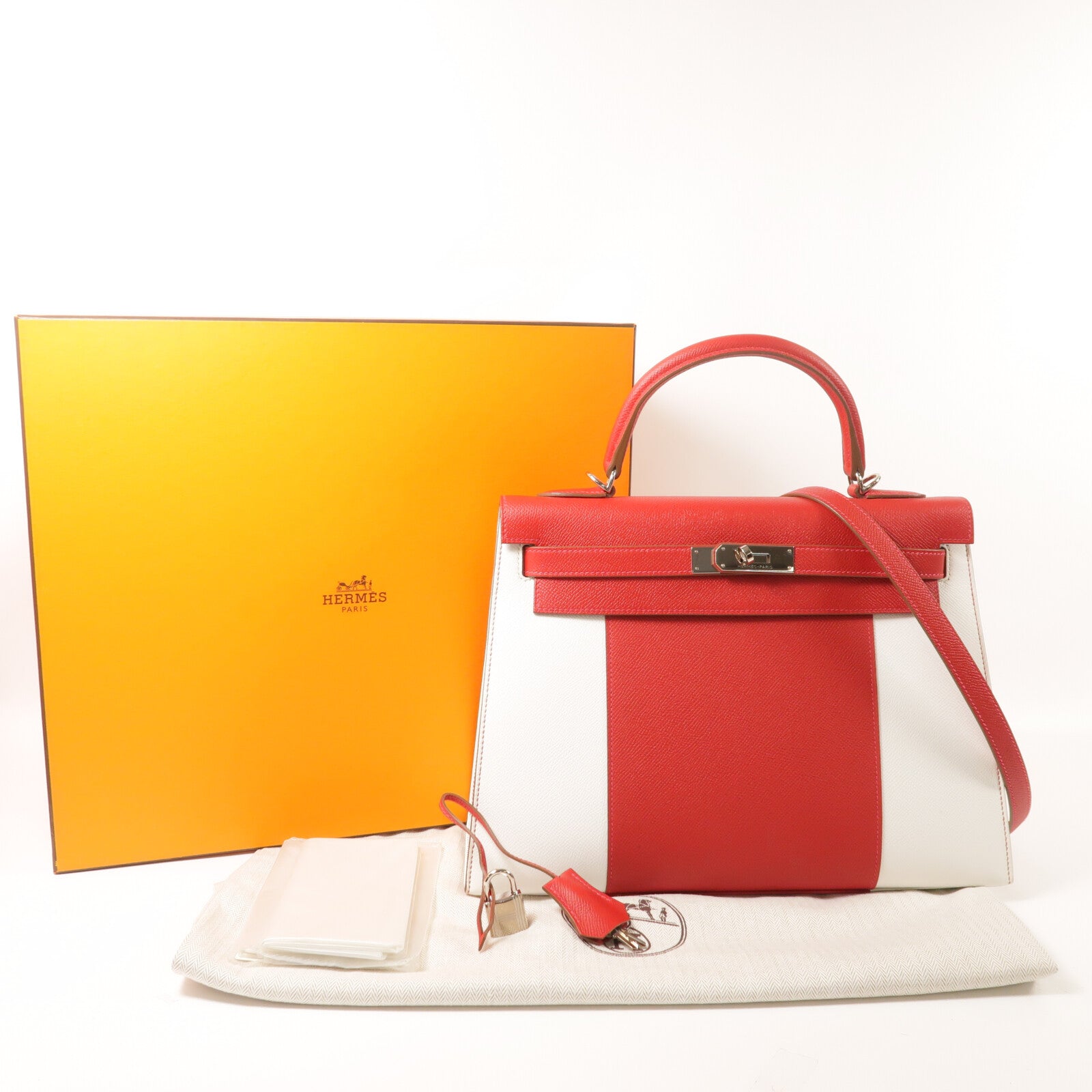 HERMES Epsom皮革Kelly 32銀扣手挽肩背兩用袋Rouge Casaque/Blanc