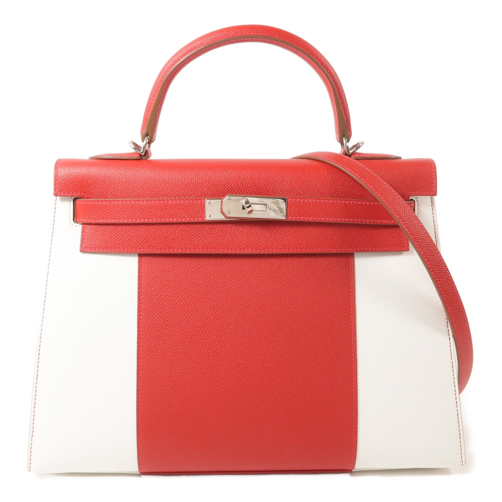 HERMES Epsom皮革Kelly 32銀扣手挽肩背兩用袋Rouge Casaque/Blanc