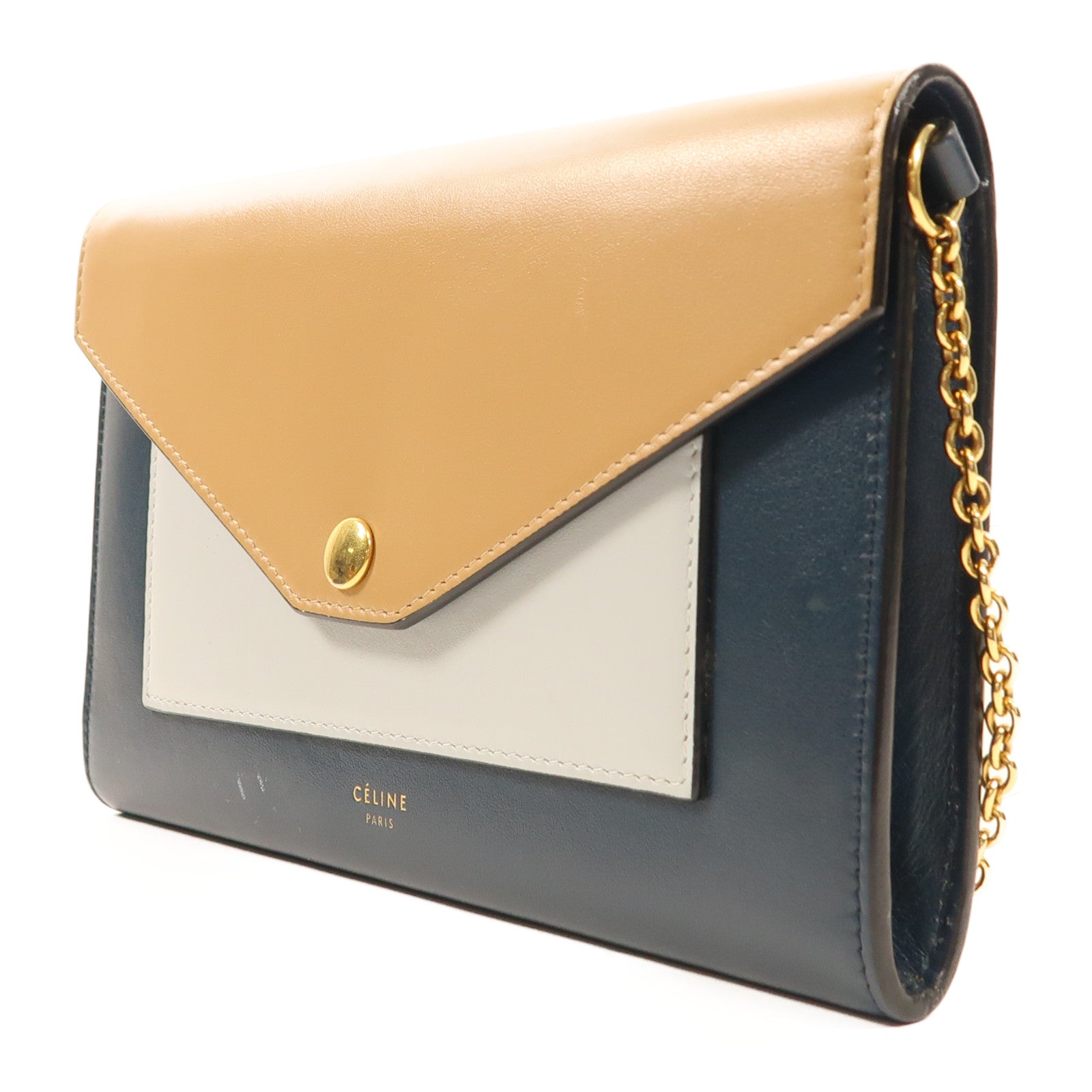 CELINE GHW Chain Shoulder Bag Calfskin Leather Brown/Blue/Navy