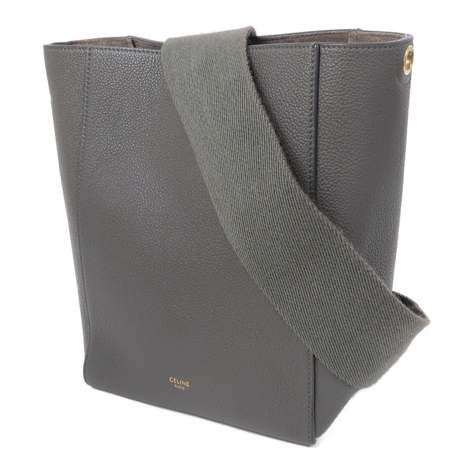 CELINE 牛皮皮革Sangle Bucket金扣肩背袋灰色