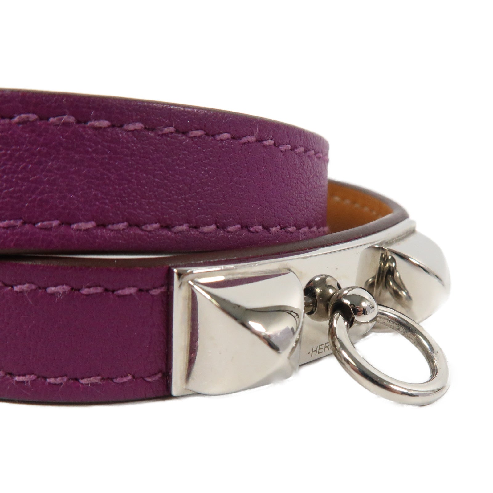 HERMES Swift皮革Rivale Double Tour Bracelet銀扣手鐲紫色