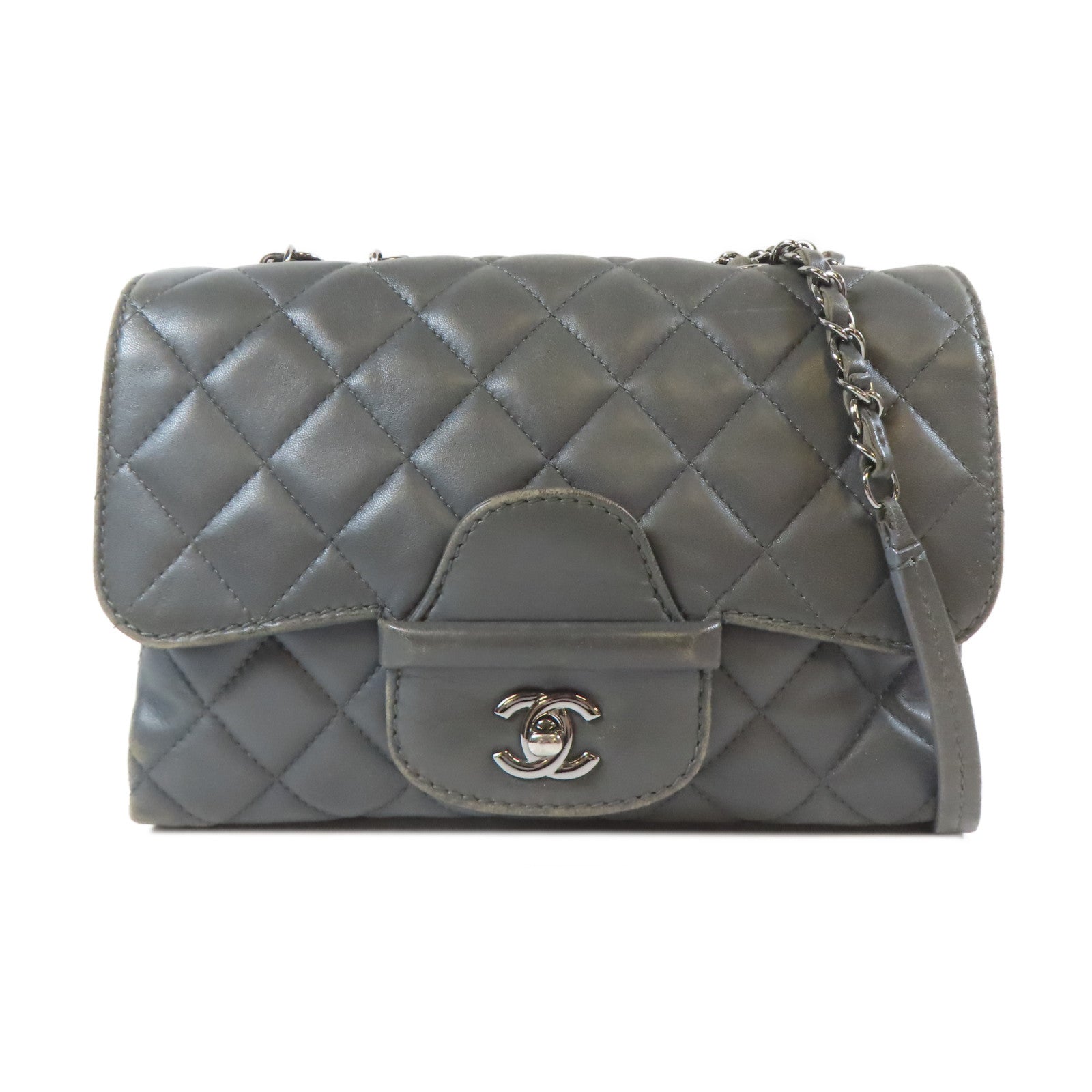 CHANEL 菱格羊皮皮革Chain Shoulder Bag銀扣鏈帶肩背袋灰色