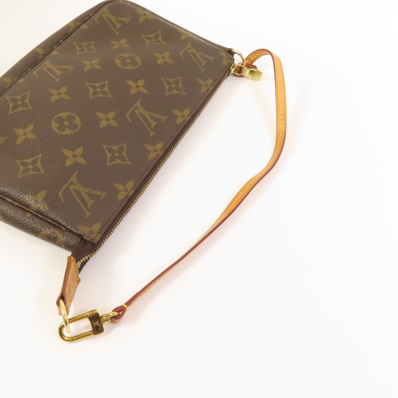 LOUIS VUITTON Monogram Pochette Accessoires金扣手挽袋棕色