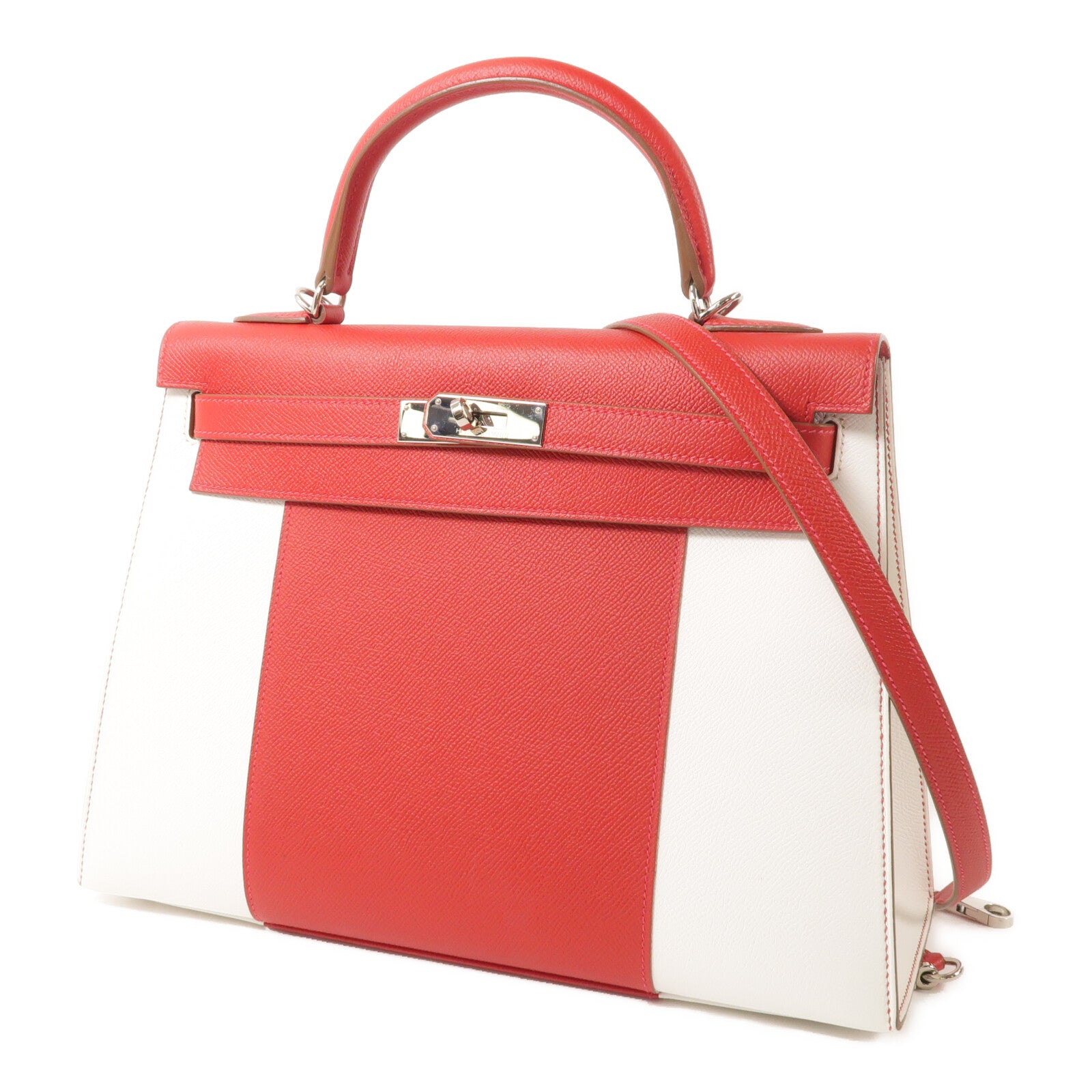 HERMES Epsom皮革Kelly 32銀扣手挽肩背兩用袋Rouge Casaque/Blanc