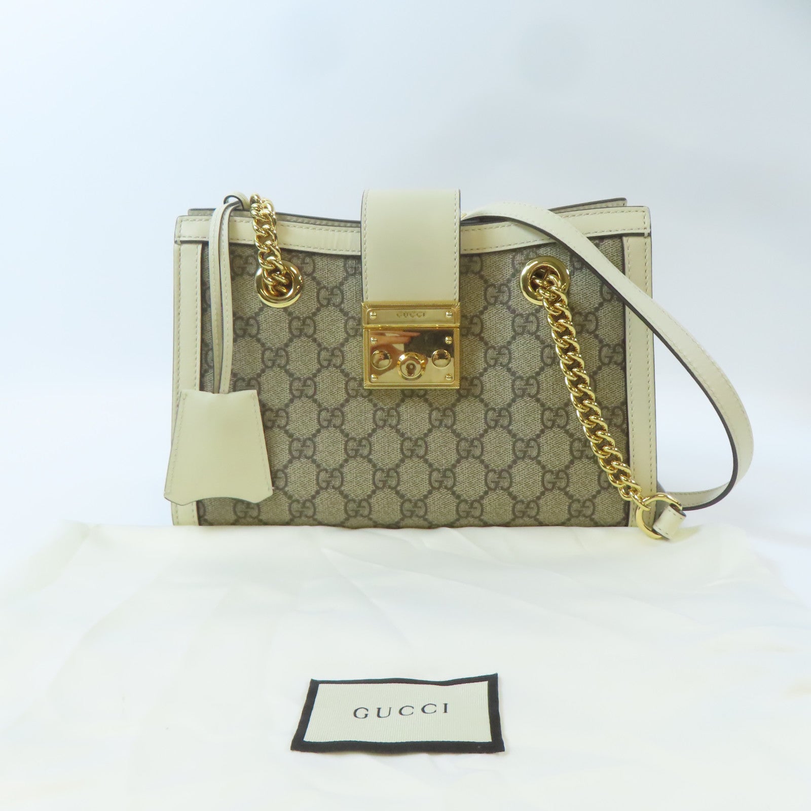 GUCCI 塗層帆布Padlock GG Shoulder Bag金扣肩背袋啡色/白色