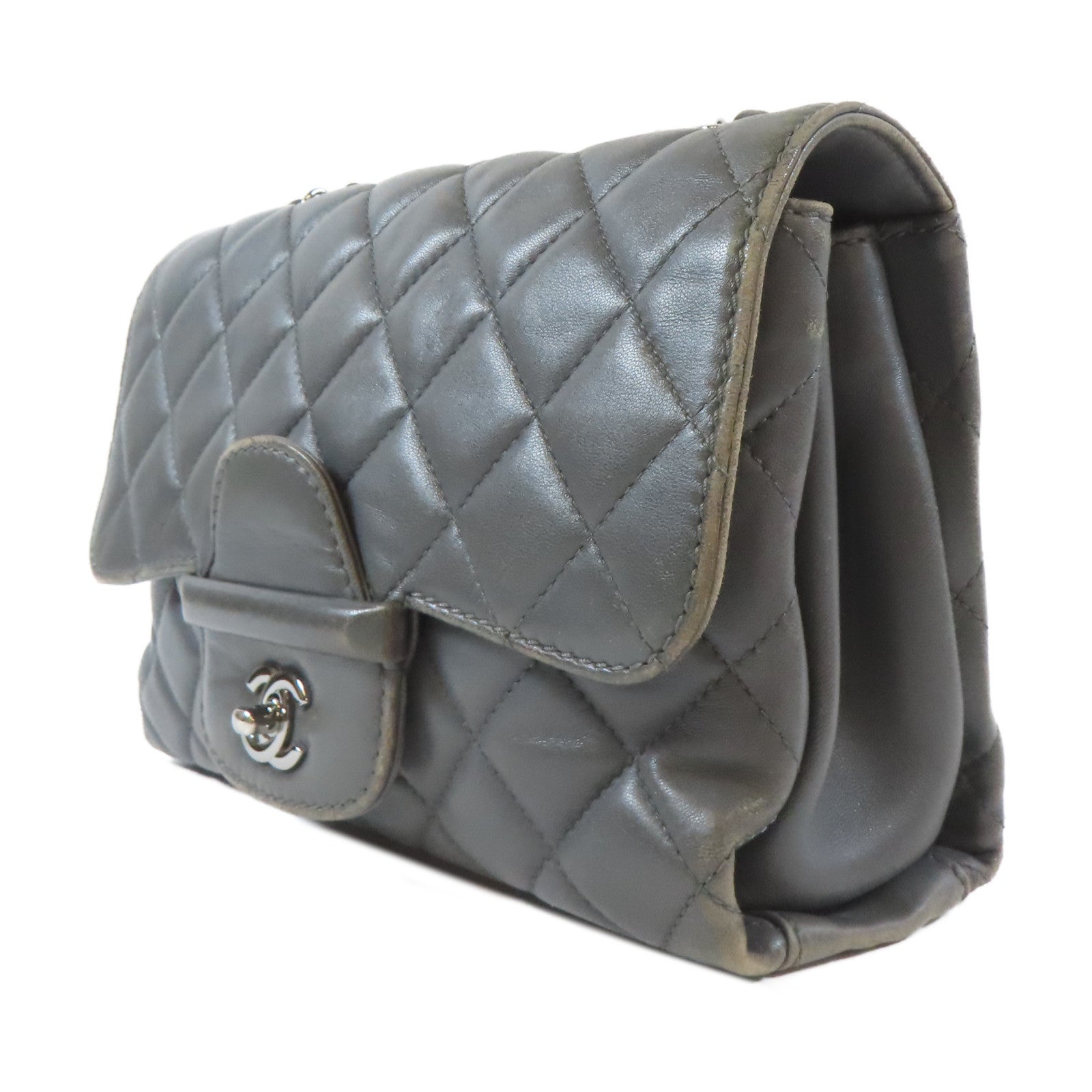 CHANEL 菱格羊皮皮革Chain Shoulder Bag銀扣鏈帶肩背袋灰色