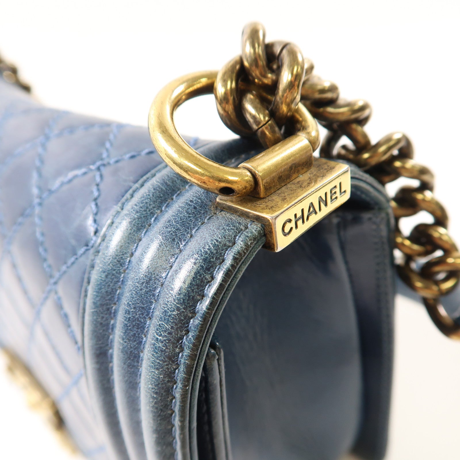 CHANEL CC GHW Boy 25 Chain Shoulder Bag Lambskin Leather Blue