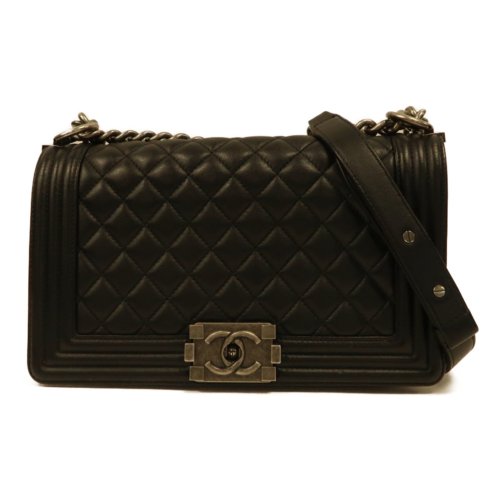 CHANEL 菱格羊皮皮革Boy Chanel Chain Shoulder Bag銀扣肩背袋黑色