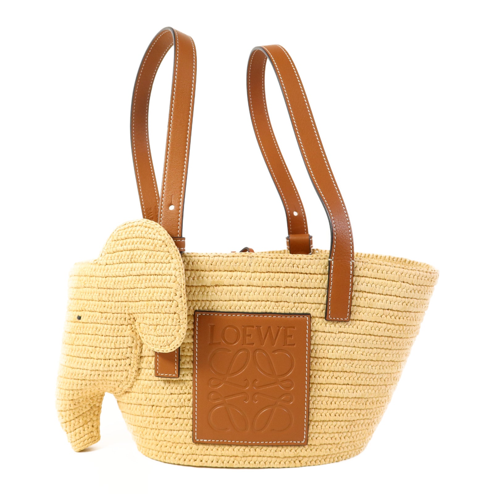 LOEWE 酒椰/牛皮皮革Small Elephant Basket Bag銀扣肩背袋/手挽袋