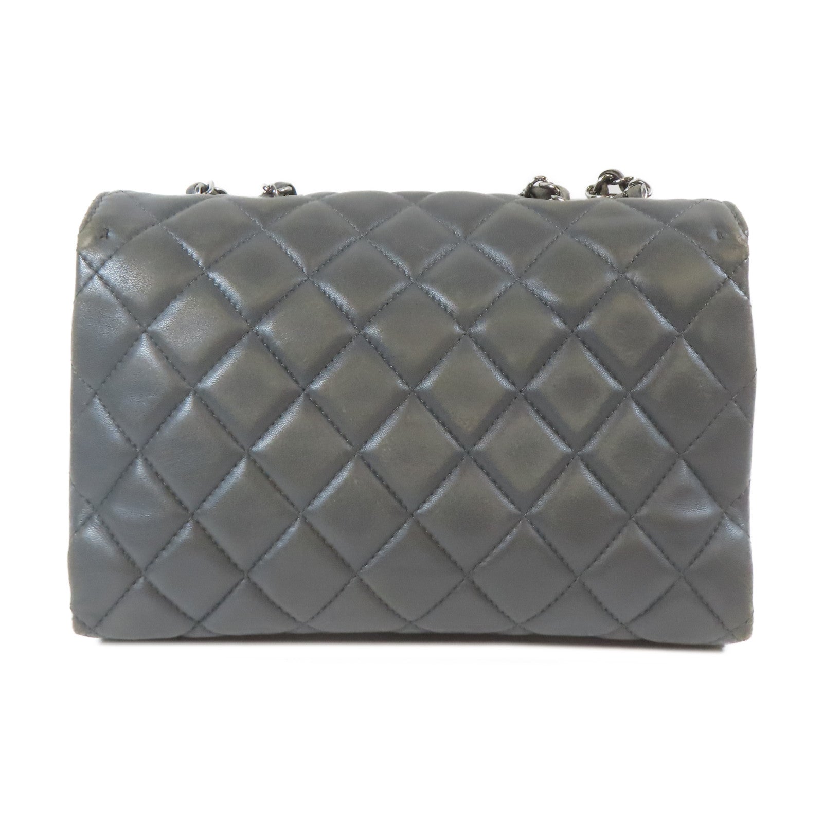 CHANEL 菱格羊皮皮革Chain Shoulder Bag銀扣鏈帶肩背袋灰色