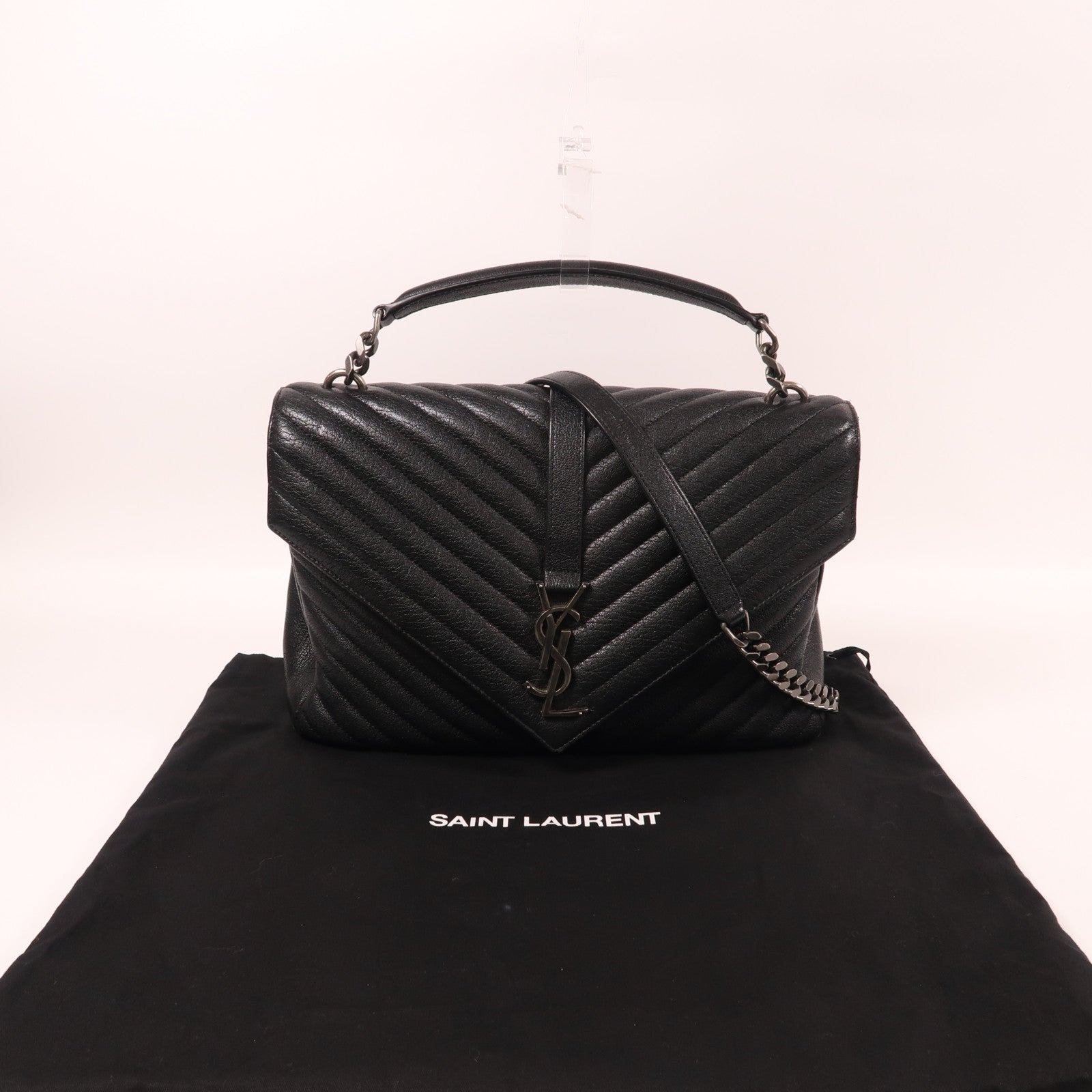 YVES SAINT LAURENT 牛皮皮革College Large銀扣手挽肩背兩用袋黑色