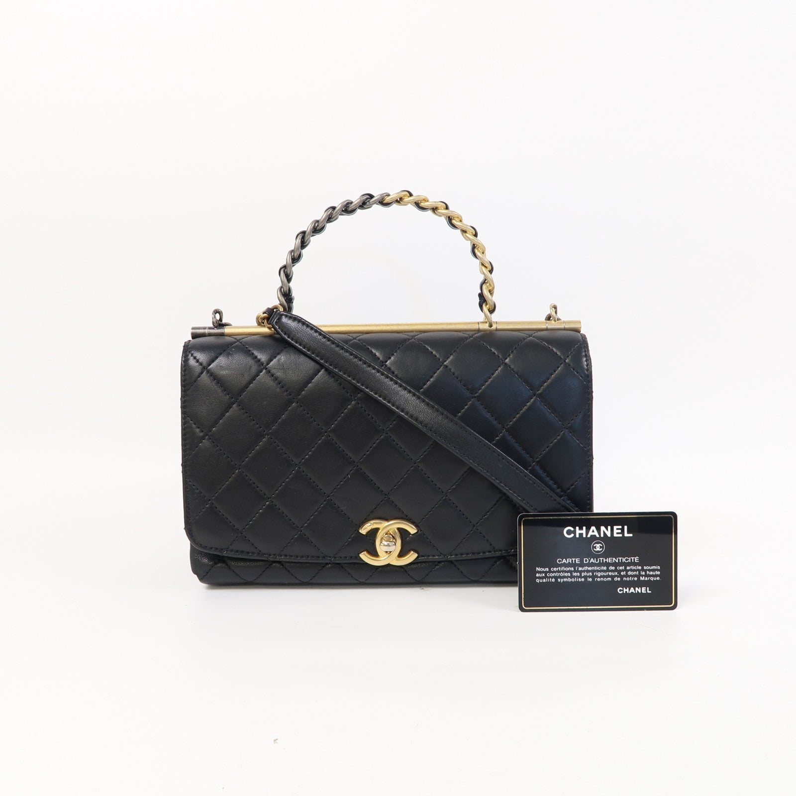 CHANEL 【激減優惠】菱格羊皮皮革2 Way Shoulder金扣/銀扣手挽肩背兩用袋黑色