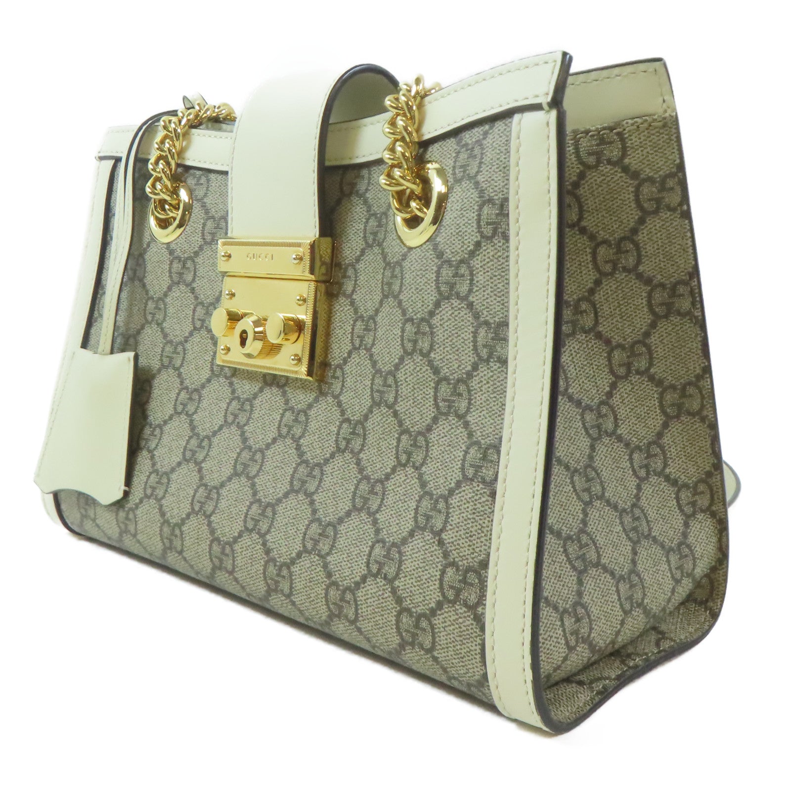GUCCI 塗層帆布Padlock GG Shoulder Bag金扣肩背袋啡色/白色