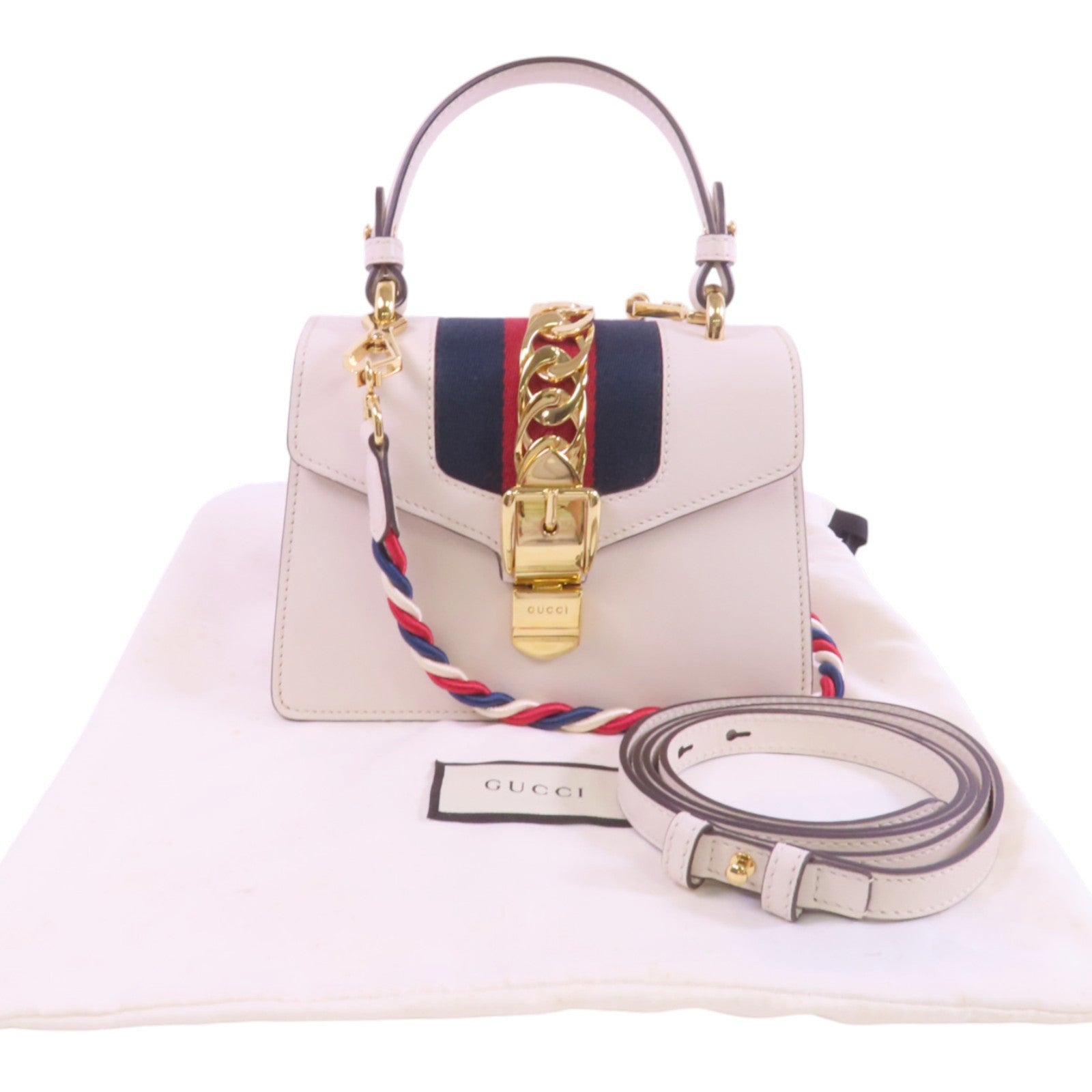 GUCCI GG GHW Sylvie Mini Handbag Shoulder Bag 470270 Calfskin Leather White