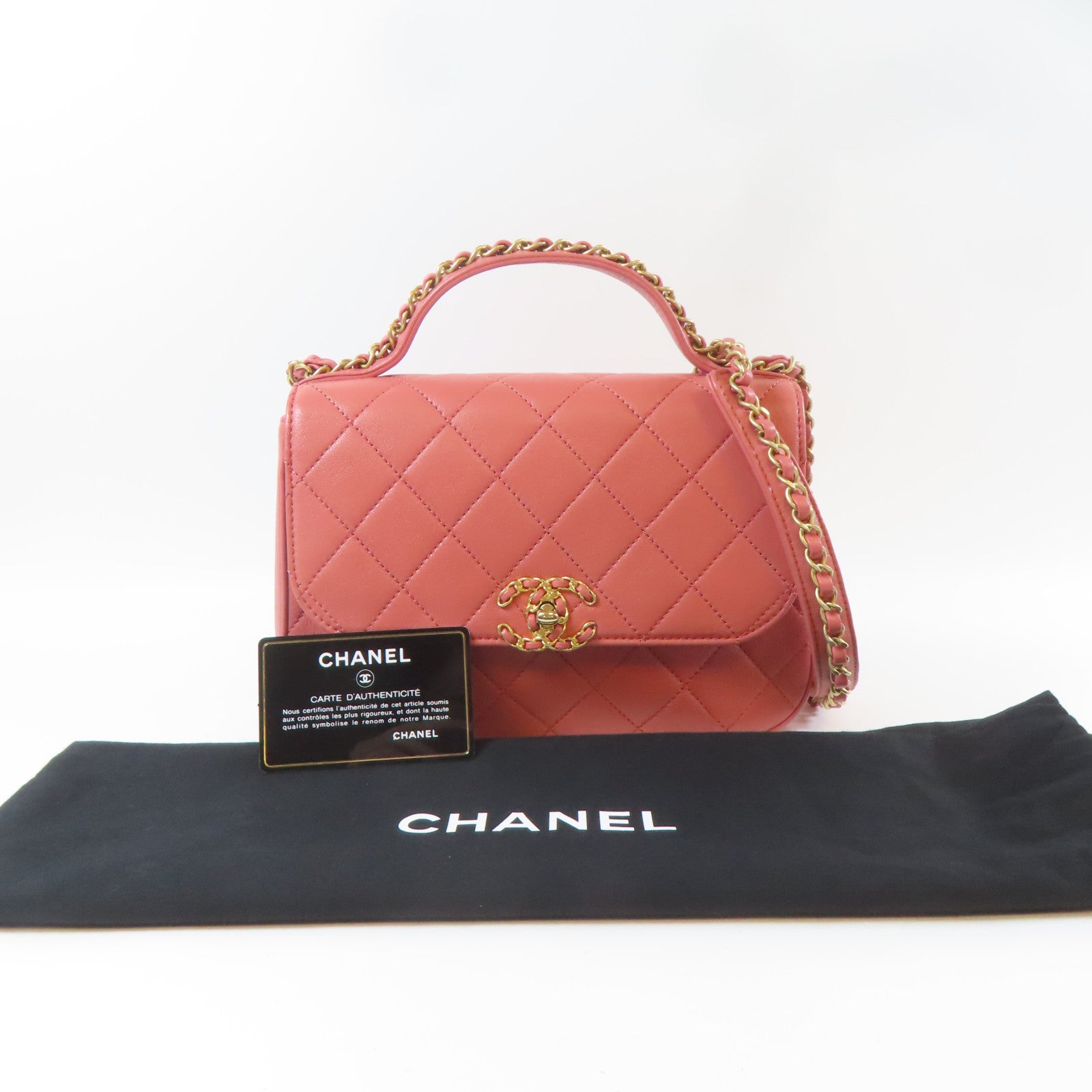 CHANEL 菱格羊皮皮革Chanel 19 Top Handle Bag金扣手挽肩背兩用袋粉紅色