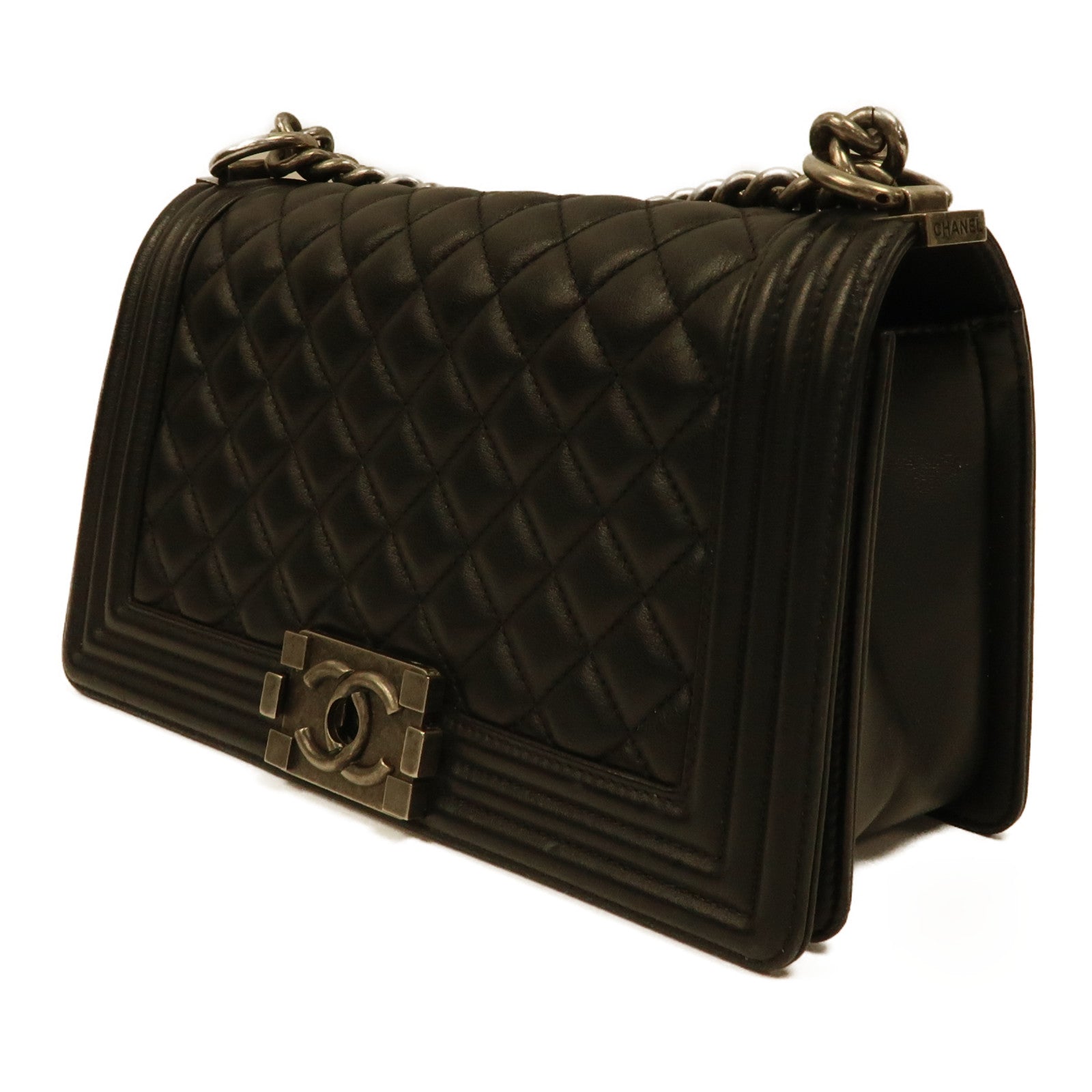 CHANEL 菱格羊皮皮革Boy Chanel Chain Shoulder Bag銀扣肩背袋黑色