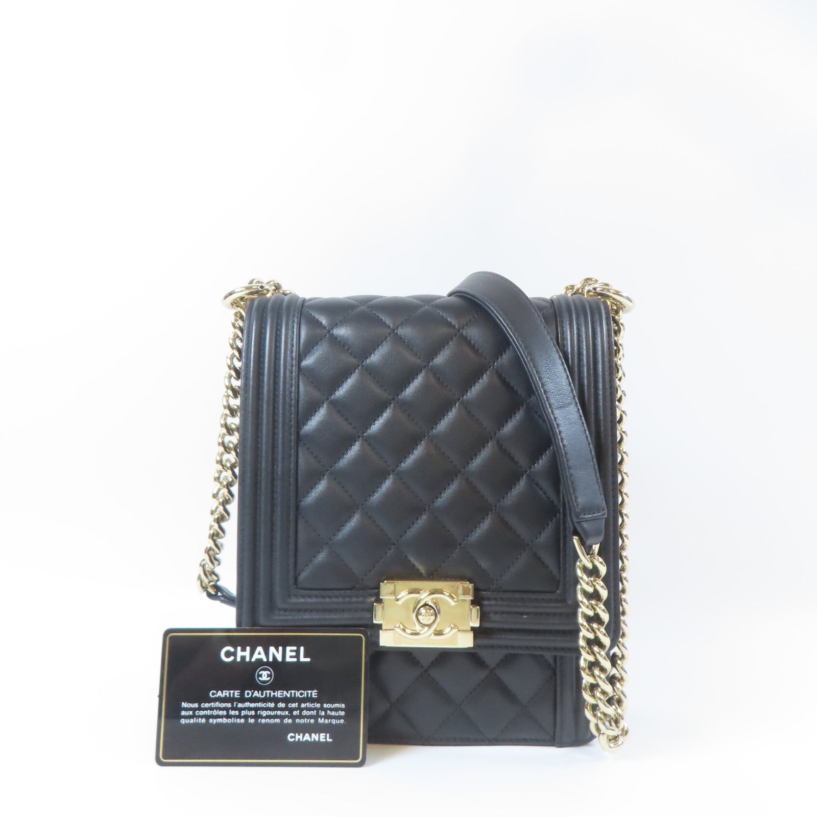 CHANEL 菱格牛皮皮革Boy Chanel金扣鏈帶肩背袋黑色