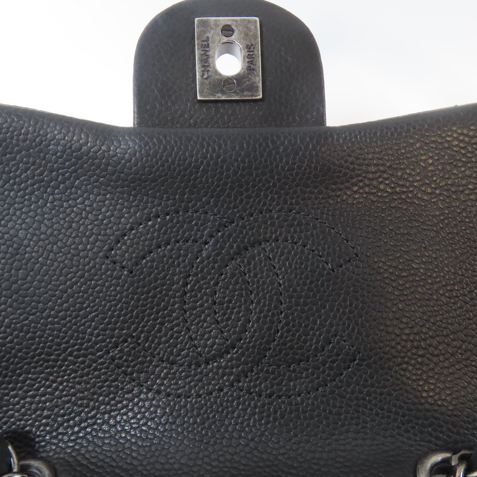 CHANEL 菱格Caviar皮革Chain Shoulder Bag黑扣鏈帶肩背袋黑色