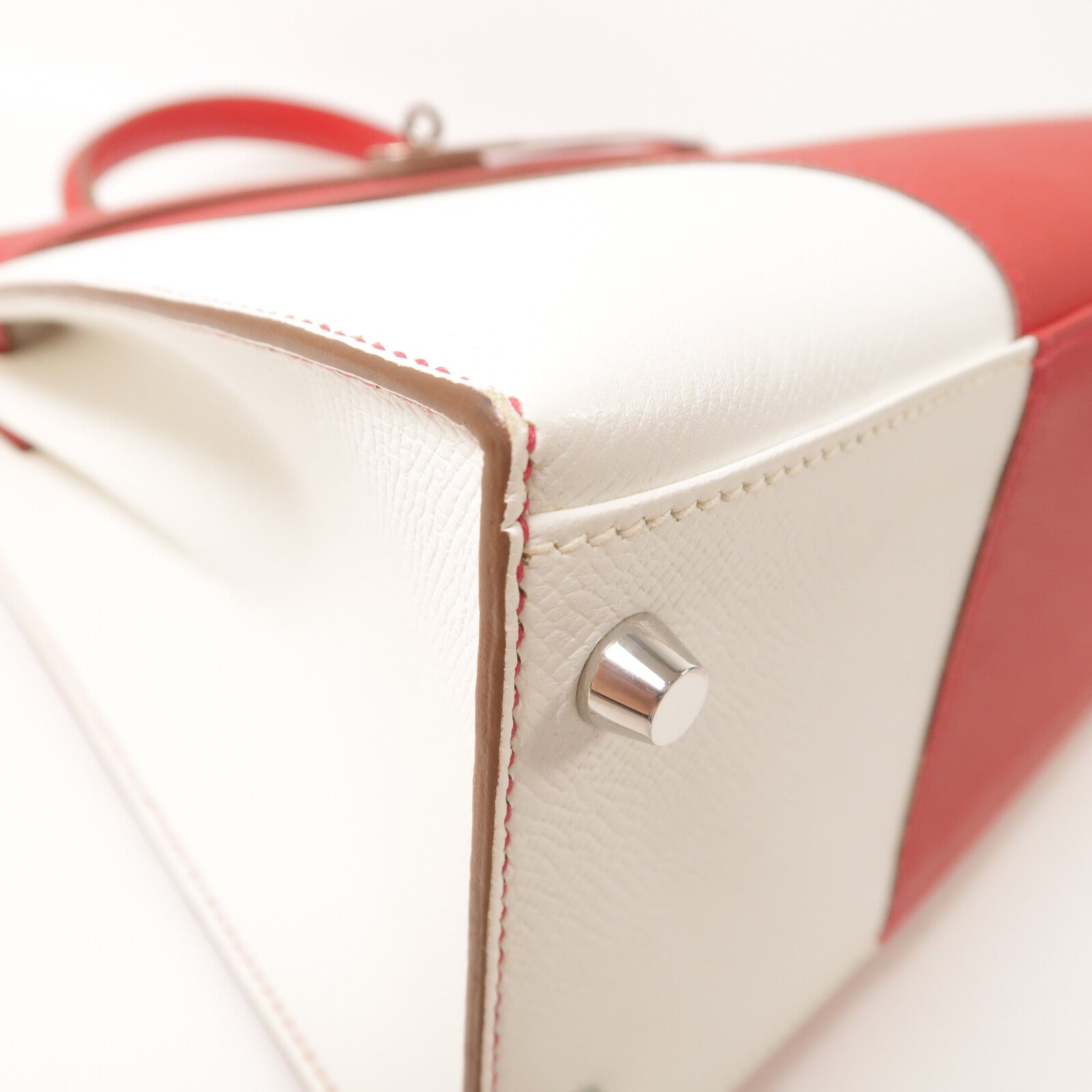HERMES Epsom皮革Kelly 32銀扣手挽肩背兩用袋Rouge Casaque/Blanc