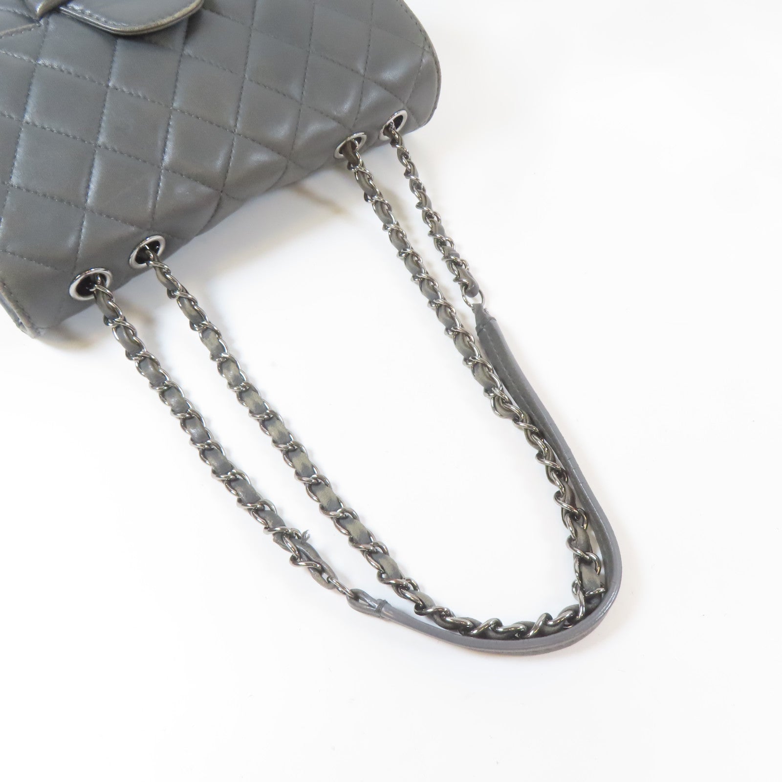 CHANEL 菱格羊皮皮革Chain Shoulder Bag銀扣鏈帶肩背袋灰色