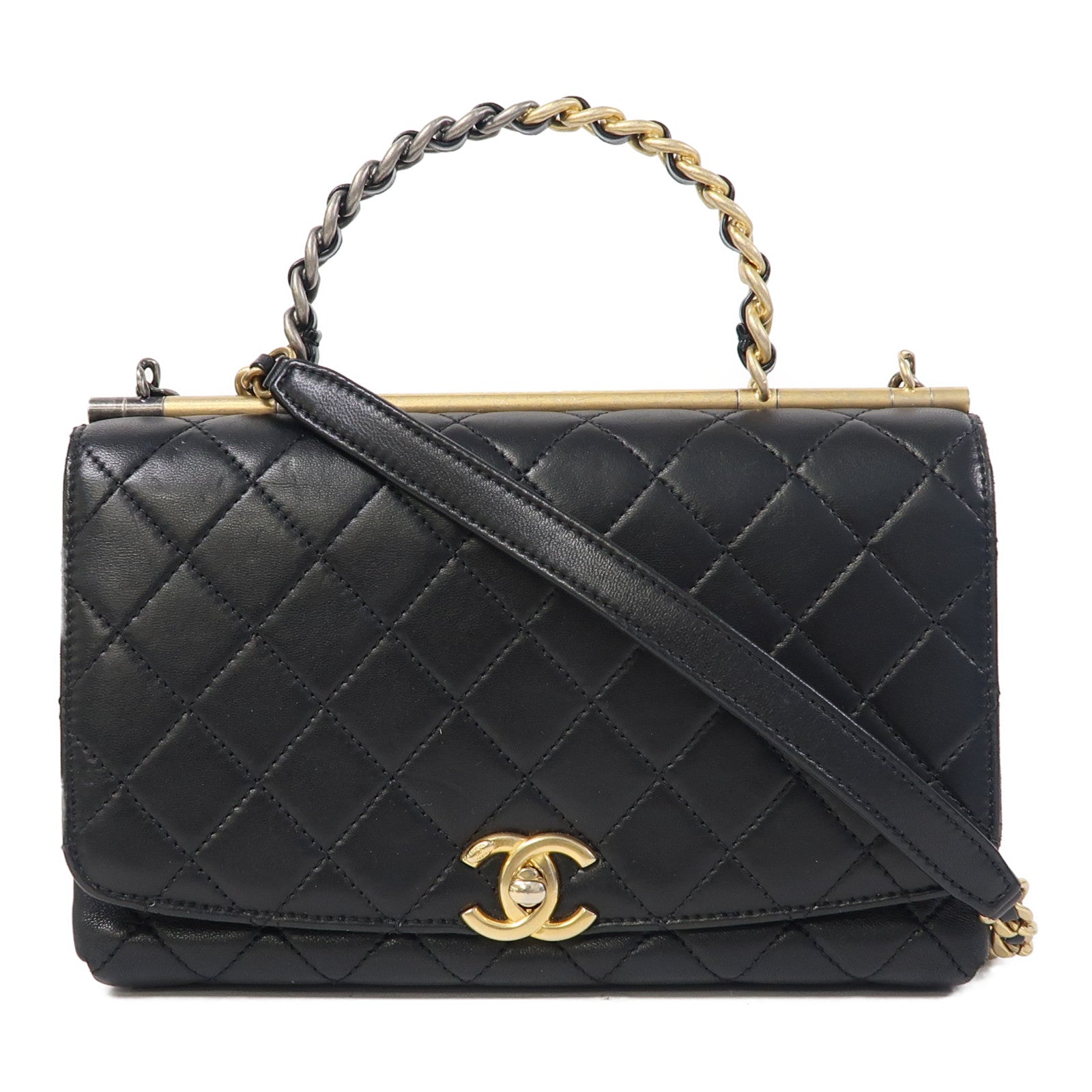 CHANEL 【激減優惠】菱格羊皮皮革2 Way Shoulder金扣/銀扣手挽肩背兩用袋黑色